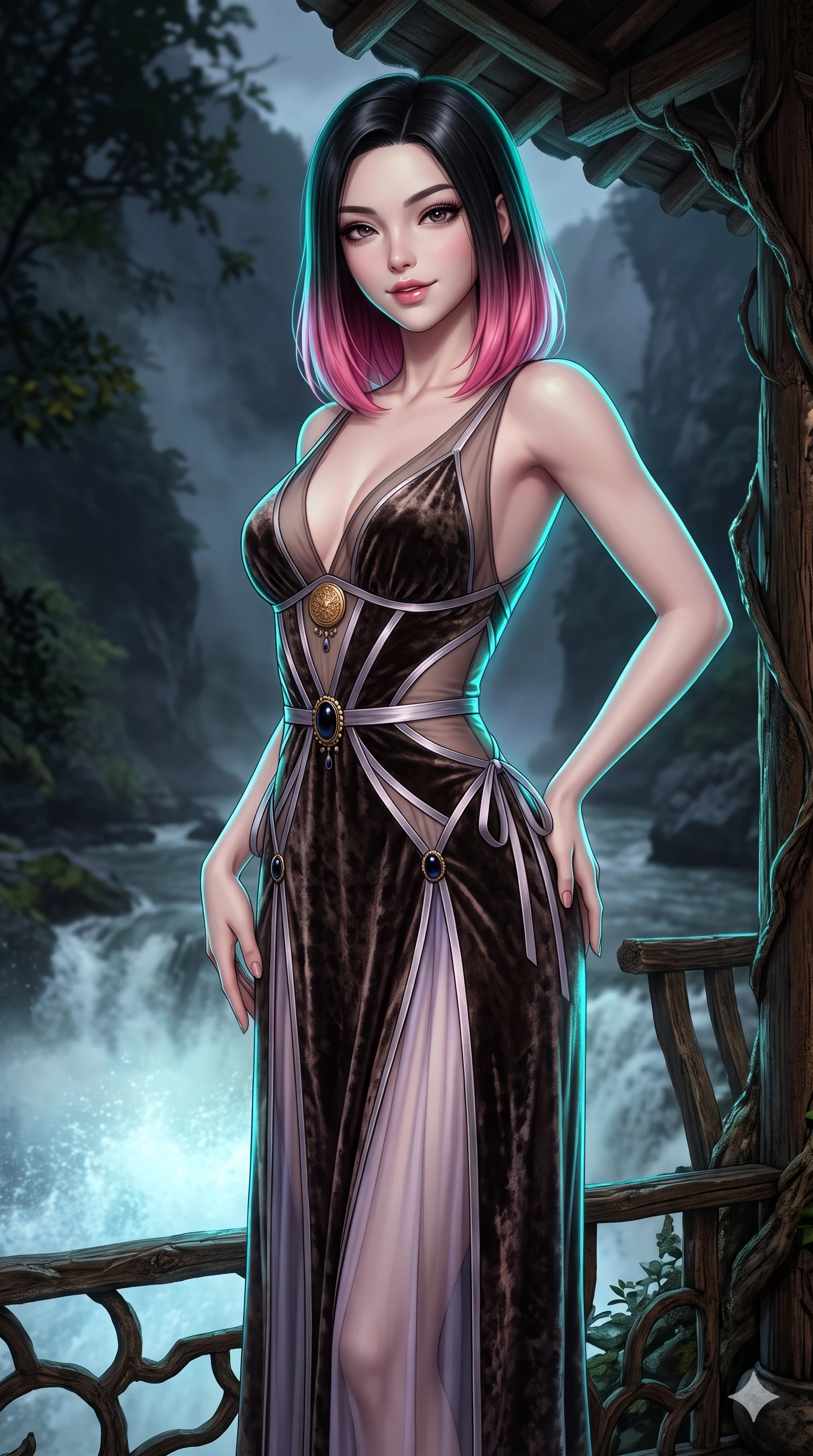 score_9, masterpiece, best quality, ultra-detailed, high-budget anime keyframe, semi-realistic 3D game render, editorial fashion photography, tasteful artistic composition, Korean woman. close-up cowboy shot from the waist and thighs up, the character dominates the composition, filling the frame with her large presence. tilting her head with a teasing half-smile, running one hand slowly down the side of her hip in a flirtatious S-curve as ambient light caresses her silhouette while standing poised on the tea arbor terrace over the churning waterfall pool, arching her back with breathless siren grace. The background shows a soft-focus wild mountain ravine softened in natural landscape shallow focus. She has an exceptionally elegant, slender, and willowy female figure with an ultra-slim waist, flat toned midriff, narrow ribcage, and sculpted feminine hips creating an alluring, slim hourglass silhouette without bulk. sharp v-shaped jawline, high-bridge nose, sparkling eyes with hypnotic seductive depth, thick curled eyelashes, glossy parted lips with a natural dewy peach sheen, alluring bedroom-eyes with an enchanting coquettish smile, exuding magnetic siren charisma and sophisticated glamour, flawlessly proportioned anatomical accuracy, strict slender model proportions, natural body alignment, perfectly sculpted long slender limbs, ultra-slim waistline, clean dynamic posture without body distortion. wearing a plunge-front sheer illusion tulle slip dress with liquid platinum ribbon stripes and silk otgoreum ties hugging her curves in vintage bronze patina and pale wisteria lilac, tailored from crushed dark velvet with deep light-absorbing plush texture, accented with an authentic engraved gold medallion and obsidian cabochons, the form-contouring silhouette accentuating her sculpted flat midriff, narrow delicate ribcage, and gracefully curvy hips with intoxicating allure. illuminated by waterfall foam bounce and sharp cyan-aquamarine rim lights sculpting her razor-sharp jawline, narrow waist, and curvy hips. highly saturated vibrant anime colors, detailed shading with soft gradients, rich glossy textures, high-contrast stereoscopic depth, volumetric dynamic lighting, master piece, 9:16 ratio