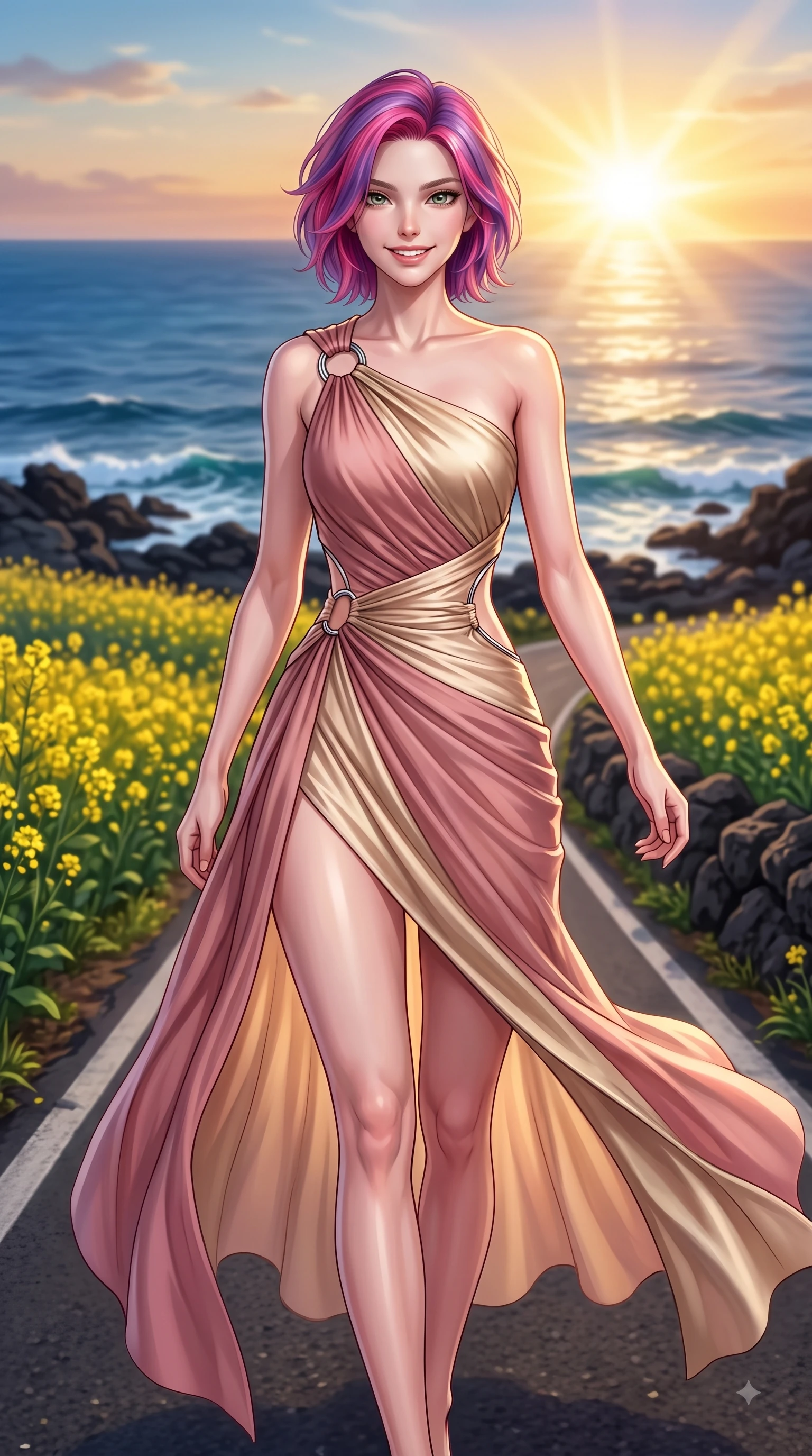score_9, masterpiece, best quality, ultra-detailed, high-budget anime keyframe, editorial fashion photography, tasteful artistic composition, Caucasian woman. close-up cowboy shot from the waist and thighs up, the character dominates the composition, filling the frame with her large presence, background elements kept in soft focus. Gazing directly into the camera with a fresh, infectious smile as her torso curves dynamically in mid-stride while walking cheerfully along a Jeju island coastal road flanked by yellow canola flower fields, blooming yellow canola flowers and dark volcanic basalt rocks contrasting with azure sea. She has an exceptionally elegant, slender, and willowy female figure with an ultra-slim waist, a gracefully sculpted slender torso, and a refined silhouette. sharp v-shaped jawline, high-bridge nose, intricate jewel-like eyes with depth, thick eyelashes, glossy lips with a natural sheen, flawlessly proportioned anatomical accuracy, natural body alignment, perfectly sculpted elegant limbs, clean dynamic posture without body distortion. wearing an asymmetrical Grecian draped chiffon gown with a metallic shoulder ring in dusty rose and champagne gold, crafted from lustrous satin jersey with fluid draping, accented with delicate chrome ring hardware framing her waist, the glove-like fit emphasizing her statuesque silhouette during motion. illuminated by a glorious golden hour sunburst over deep blue island ocean waves. highly saturated vibrant anime colors, detailed shading with soft gradients, rich glossy textures, high-contrast stereoscopic depth, volumetric dynamic lighting, master piece, 9:16 ratio