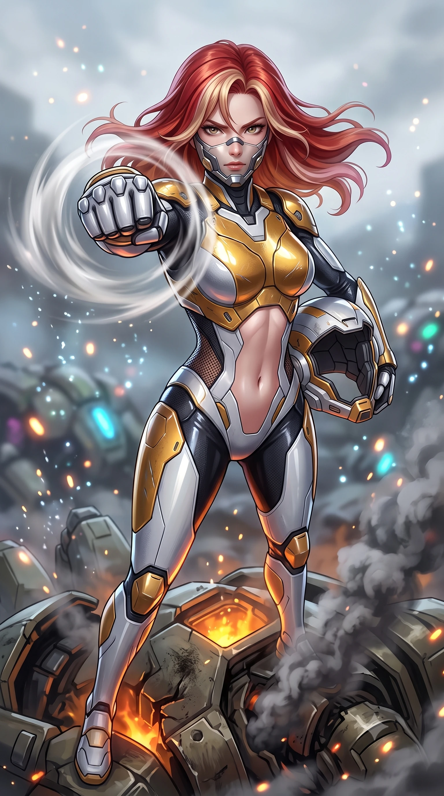 score_9, masterpiece, best quality, ultra-detailed, high-budget anime keyframe, semi-realistic 3D game render, editorial fashion photography, tasteful artistic composition, Caucasian woman. close-up cowboy shot from the waist and thighs up, the character dominates the composition, filling the frame with her large presence. thrusting a high-speed kinetic punch toward the camera, a visible conical shockwave distortion wrapping around her armored forearm while standing victorious atop the smoking armored carapace of a defeated colossal war-mech, holding her opened modular helmet under one arm. The composition keeps background elements in soft focus with creamy bokeh. sparkling coolant mist and glowing status LEDs scattering soft light motes across a battleground backdrop. She has an exceptionally elegant, slender, and willowy female figure with an ultra-slim waist, a gracefully sculpted slender torso, toned flat midriff, and a refined slim silhouette. sharp v-shaped jawline, high-bridge nose, intricate jewel-like eyes with depth, thick eyelashes, glossy lips with a natural sheen, fierce and resolute heroine expression, flawlessly proportioned anatomical accuracy, strict slender model proportions, natural body alignment, perfectly sculpted long slender limbs, ultra-slim waistline, clean dynamic posture without body distortion. wearing a sleek titanium half-face combat rebreather guard protecting her lower jaw while leaving her expressive eyes and long hair flowing freely, paired with a form-contouring high-mobility battle-suit featuring sculpted carbon chest plating, diagonal midriff ventilation cutouts, and kinetic knee vambraces in arctic white carbon composite with scratched solar gold armor plating, formed from high-gloss patent carbon-plating with specular dystopian chiaroscuro reflections, finished with high-mobility flexible armor articulation seams and miniature magnetic locks, the precision-cut daring openings accentuating her delicate midriff, graceful bare collarbones, and ultra-slim feminine waistline. bathed in glowing amber reactor fire uplights and cool overcast skylight fill. rich saturated anime colors with glowing neon highlights, detailed shading with soft gradients, rich glossy textures, high-contrast stereoscopic depth, volumetric dynamic lighting, master piece, 9:16 ratio