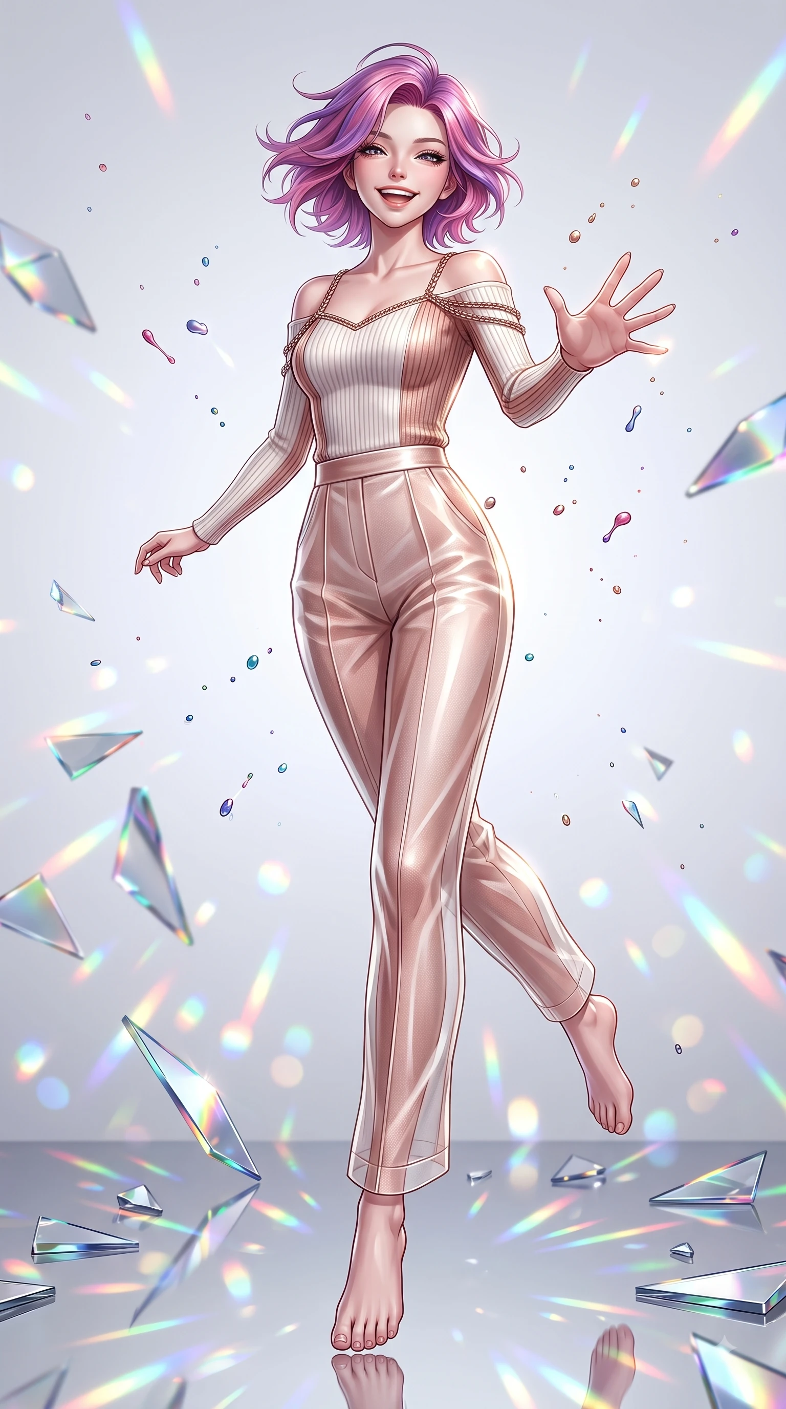 score_9, masterpiece, best quality, ultra-detailed, high-budget anime keyframe, editorial fashion photography, tasteful artistic composition, Caucasian woman. low angle full-body shot from head to toe showing her feet, filling the entire 9:16 vertical frame with her statuesque presence, stretching her vertical silhouette. leaping with pure joy through mid-air with a radiant bright smile, her impossibly long slender legs stretched in perfect balance while reaching her hand forward with a cheerful smile as shattered mirror prisms scatter rainbow beams, paint droplets catching sharp specular highlights as she turns with a beaming smile. She has an absolutely perfect, statuesque 8.5-heads proportion, an exceptionally tall and slender model-like female figure with impossibly long slender legs and an ultra-slim waist. sharp v-shaped jawline, high-bridge nose, intricate jewel-like eyes with depth, thick eyelashes, glossy lips with a natural sheen, flawlessly proportioned anatomical accuracy, natural body alignment, perfectly sculpted elegant limbs, clean dynamic posture without body distortion. wearing a sleek off-shoulder ribbed knit top paired with high-waist tailored pants in pearl white and rose gold, woven from fine semi-opaque sheer organza, adorned with delicate metallic chain straps along the neckline, the elegant draped fit framing her graceful clavicle and slender torso. bathed in high-contrast vibrant studio lighting with sharp cheerful specular highlights. ultra-reflective glossy finish, specular highlights, metallic sheen, high-contrast stereoscopic depth, volumetric dynamic lighting, 2k, ultra detail, master piece, 9:16 ratio