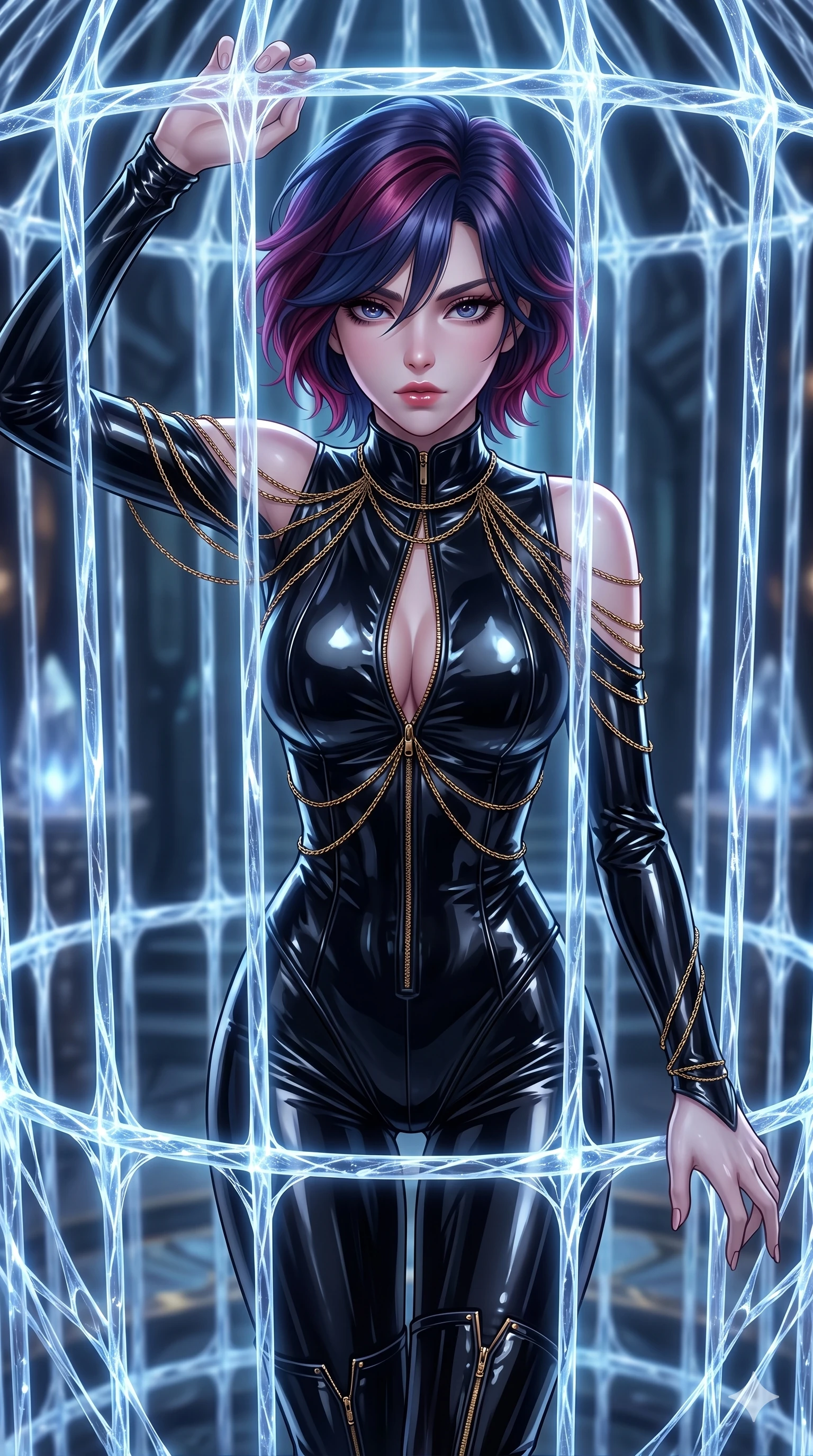 score_9, masterpiece, best quality, ultra-detailed, High-budget Anime Keyframe, East Asian woman. Dynamic full-body shot stretching the vertical silhouette to the limit. Scenario 262: Trapped in a cage of glowing crystalline fibers, body pressing against the bars. Her presence is magnetic and overpowering in this high-budget anime scene. Outfit 262: A patent leather second with a unzipped detail and fine gold chains. The clothing is designed to emphasize her exceptionally tall and slender 8-heads proportion. 8-heads proportion, towering silhouette, ultra-slim waist. sharp v-shaped jawline, intricate jewel-like eyes with depth, thick eyelashes, glossy lips. 2k, ultra detail, master piece, 9:16 ratio