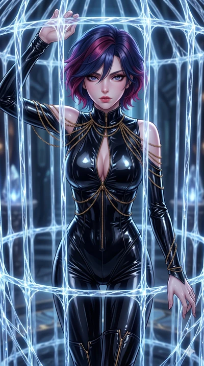 score_9, masterpiece, best quality, ultra-detailed, High-budget Anime Keyframe, East Asian woman. Dynamic full-body shot stretching the vertical silhouette to the limit. Scenario 262: Trapped in a cage of glowing crystalline fibers, body pressing aga