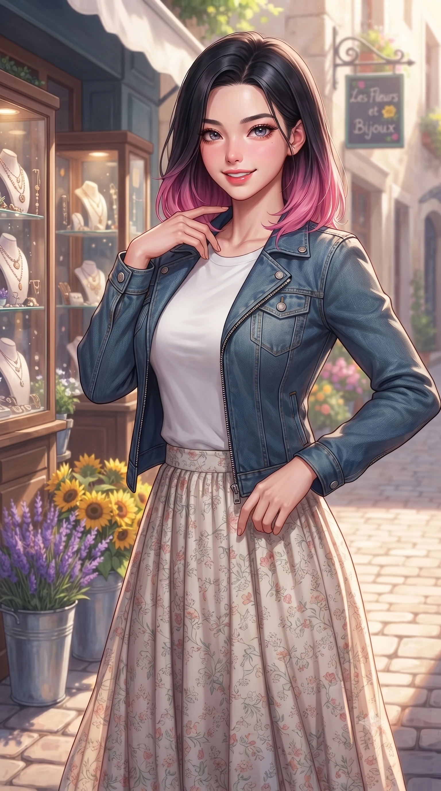 score_9, masterpiece, best quality, ultra-detailed, high-budget anime keyframe, editorial fashion photography, tasteful artistic composition, Korean woman. close-up cowboy shot from the waist and thighs up, the character dominates the composition, filling the frame with her large presence, background elements kept in soft focus. gently tracing her finger along her collarbone with a captivating, confident smile set against a soft-focus background of in front of a small handmade accessory boutique with glass showcases with buckets of fresh lavender and yellow sunflowers lining the alley. She has an exceptionally elegant, slender, and willowy female figure with an ultra-slim waist, a gracefully sculpted slender torso, and a refined silhouette. sharp v-shaped jawline, high-bridge nose, intricate jewel-like eyes with depth, thick eyelashes, glossy lips with a natural sheen. wearing form-contouring casual denim jacket worn over a simple white tee and a long cotton skirt. soft morning sunbeams highlighting the colorful flowers and her face. highly saturated vibrant anime colors, detailed shading with soft gradients, rich glossy textures, high-contrast stereoscopic depth, volumetric dynamic lighting, master piece, 9:16 ratio