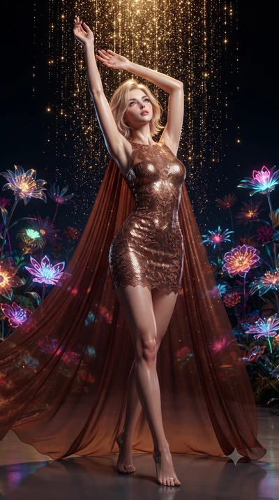 score_9, masterpiece, best quality, ultra-detailed, High-budget Anime Keyframe, editorial fashion photography, tasteful artistic composition, realistic cosplay photography, Caucasian woman, strictly human ears. Dynamic full-body shot stretching the v