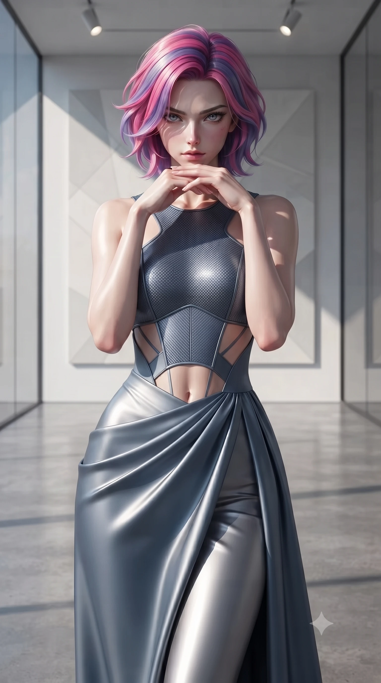 score_9, masterpiece, best quality, ultra-detailed, high-budget anime keyframe, editorial fashion photography, tasteful artistic composition, Caucasian woman. close-up cowboy shot from the waist and thighs up, the character dominates the composition, filling the frame with her large presence, background elements kept in soft focus. Resting her chin on the backs of her fingers, casting a sharp, mysterious gaze standing before a giant minimalist abstract canvas in a sunlit art gallery, sleek glass and polished concrete surfaces highlighting her statuesque form. She has an exceptionally elegant, slender, and willowy female figure with an ultra-slim waist, a gracefully sculpted slender torso, and a refined silhouette. sharp v-shaped jawline, high-bridge nose, intricate jewel-like eyes with depth, thick eyelashes, glossy lips with a natural sheen. wearing a modern fusion silk hanbok dress with a structured bodice in slate blue and metallic silver, made of fine carbon-fiber weave and soft matte leather, featuring subtle geometric cutouts that highlight her ultra-slim midriff, the elegant draped fit framing her graceful clavicle and slender torso. illuminated by dramatic high-contrast runway spotlights and clear ambient fill. ultra-reflective glossy finish, specular highlights, metallic sheen, high-contrast stereoscopic depth, volumetric dynamic lighting, 2k, ultra detail, master piece, 9:16 ratio