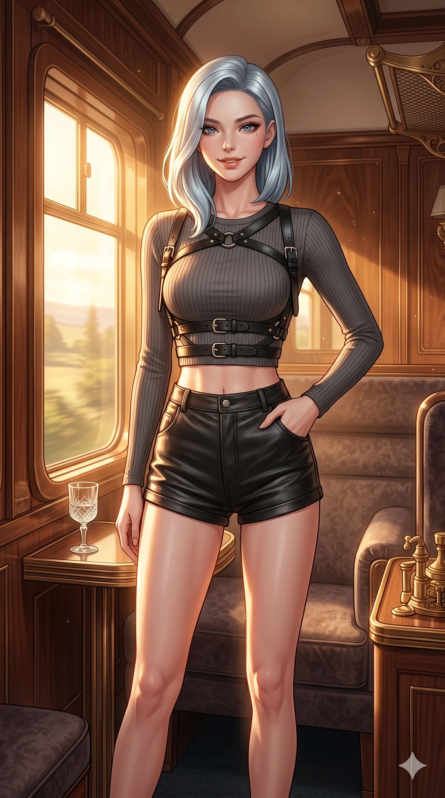 score_9, masterpiece, best quality, ultra-detailed, high-budget anime keyframe, editorial fashion photography, tasteful artistic composition, Korean woman. cowboy shot from the thighs up, character and outfit filling the frame for maximum editorial presence. posing with quiet magnetic self-assurance, looking directly into the lens with a grin inside a luxury train cabin (Code-P17-128). She has an absolutely perfect 8-heads proportion, an exceptionally tall and slender female figure with impossibly long slender legs and an ultra-slim waist. V-shaped jawline, high-bridge nose, intricate jewel-like eyes with depth, thick eyelashes, glossy lips with a natural sheen. wearing a leather harness over crop top and micro-shorts. bathed in warm golden afternoon sunbeams, casting a warm glowing aura on her. 2k, ultra detail, master piece, 9:16 ratio