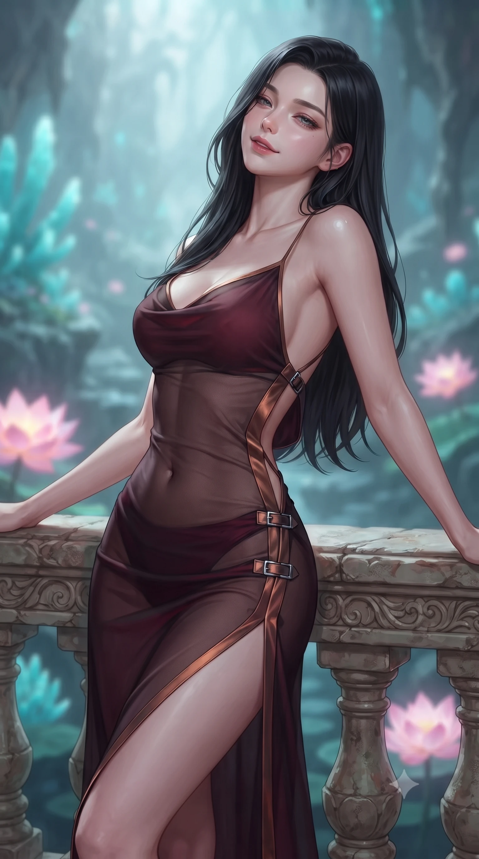 score_9, masterpiece, best quality, ultra-detailed, high-budget anime keyframe, editorial fashion photography, tasteful artistic composition, Korean woman. close-up cowboy shot from the waist and thighs up, the character dominates the composition, filling the frame with her large presence. leaning back against the balustrade with relaxed seductive grace, head tilted back slightly while casting a hypnotic, heavy-lidded gaze while twisting her slender torso in an alluring contrapposto stance, fluorescent turquoise water currents and pink lotus glows playing across her narrow waist and curvy hips. The background shows a soft-focus gentle rising mineral cavern mist softened in subterranean lotus sanctuary shallow focus. She has an exceptionally elegant, slender, and willowy female figure with an ultra-slim waist, flat toned midriff, narrow ribcage, and sculpted feminine hips creating an alluring, slim hourglass silhouette without bulk. sharp v-shaped jawline, high-bridge nose, intricate jewel-like sparkling eyes with depth, thick eyelashes, glossy parted lips with a natural peach sheen, bright cheerful beaming smile with an enchanting and coquettish sensual glint, exuding both youthful cute charm and seductive allure, flawlessly proportioned anatomical accuracy, strict slender model proportions, natural body alignment, perfectly sculpted long slender limbs, ultra-slim waistline, clean dynamic posture without body distortion. wearing a form-contouring gossamer silk chiffon slip dress with a hip-high slit and open cowl back clinging with dewy moisture in deep burgundy and bronze accents, woven from fine semi-opaque stretch illusion mesh tracing her slender contours, finished with sleek magnetic buckle closures fluttering in the breeze, the second-skin tailored fabric adhering flawlessly to her sculpted flat midriff and slender torso, emphasizing her long leg lines and perfectly proportioned willowy build. bathed in the ethereal natural fluorescence of living turquoise corals mixed with the soft pink radiance of glowing lotuses. ultra-reflective glossy finish, specular highlights, rich textural contrasts, high-contrast stereoscopic depth, volumetric dynamic lighting, 2k, ultra detail, master piece, 9:16 ratio