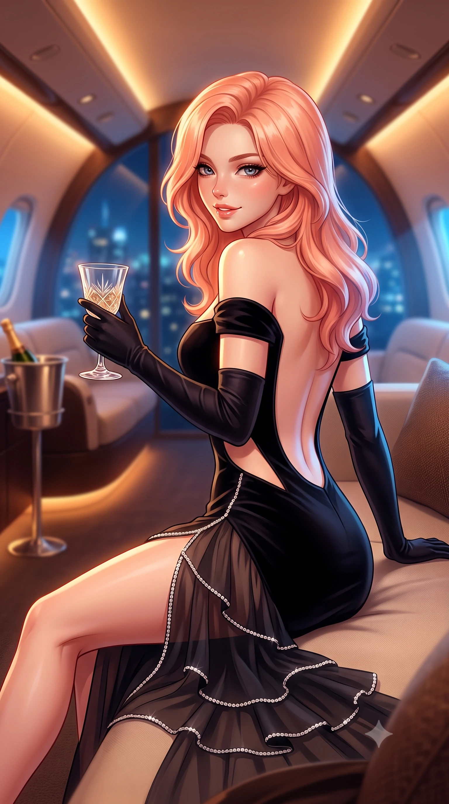 score_9, masterpiece, best quality, ultra-detailed, high-budget anime keyframe, semi-realistic 3D game render, editorial fashion photography, tasteful artistic composition, Japanese woman. close-up cowboy shot from the waist and thighs up, the character dominates the composition, filling the frame with her large presence. turning over a bare shoulder with an intoxicating, teasing smile, her soft hair framing her sharp jawline as her hips angle gracefully while reclining languidly across the private cabin daybed, one slender leg extended to accentuate her willowy yet curvy silhouette. The composition keeps background elements in soft focus with creamy bokeh. curved aerodynamic cabin bulkheads and champagne bucket stands softened in glamorous shallow focus. She has an exceptionally elegant, slender, and willowy female figure with an ultra-slim waist, flat toned midriff, narrow ribcage, and sculpted feminine hips creating an alluring, slim hourglass silhouette without bulk. sharp v-shaped jawline, high-bridge nose, intricate jewel-like eyes with depth, thick eyelashes, glossy parted lips with a natural sheen, intensely captivating and seductive bedroom-eyes expression, flawlessly proportioned anatomical accuracy, strict slender model proportions, natural body alignment, perfectly sculpted long slender limbs, ultra-slim waistline, clean dynamic posture without body distortion. wearing an off-shoulder French court corset bodice dress paired with a tiered translucent chiffon slit skirt in pitch-black velvet with diamond crystal trim, tailored from liquid silk jersey adhering flawlessly to her slender build, accessorized with opera-length satin gloves and a vintage crystal glass, the precision-cut side openings and low-back scoop framing her graceful spine and the sensual sweep of her slim, toned hips. bathed in warm amber cabin cove lighting and cool blue exterior cityscape light sweeps. highly saturated vibrant anime colors, detailed shading with soft gradients, rich glossy textures, high-contrast stereoscopic depth, volumetric dynamic lighting, master piece, 9:16 ratio