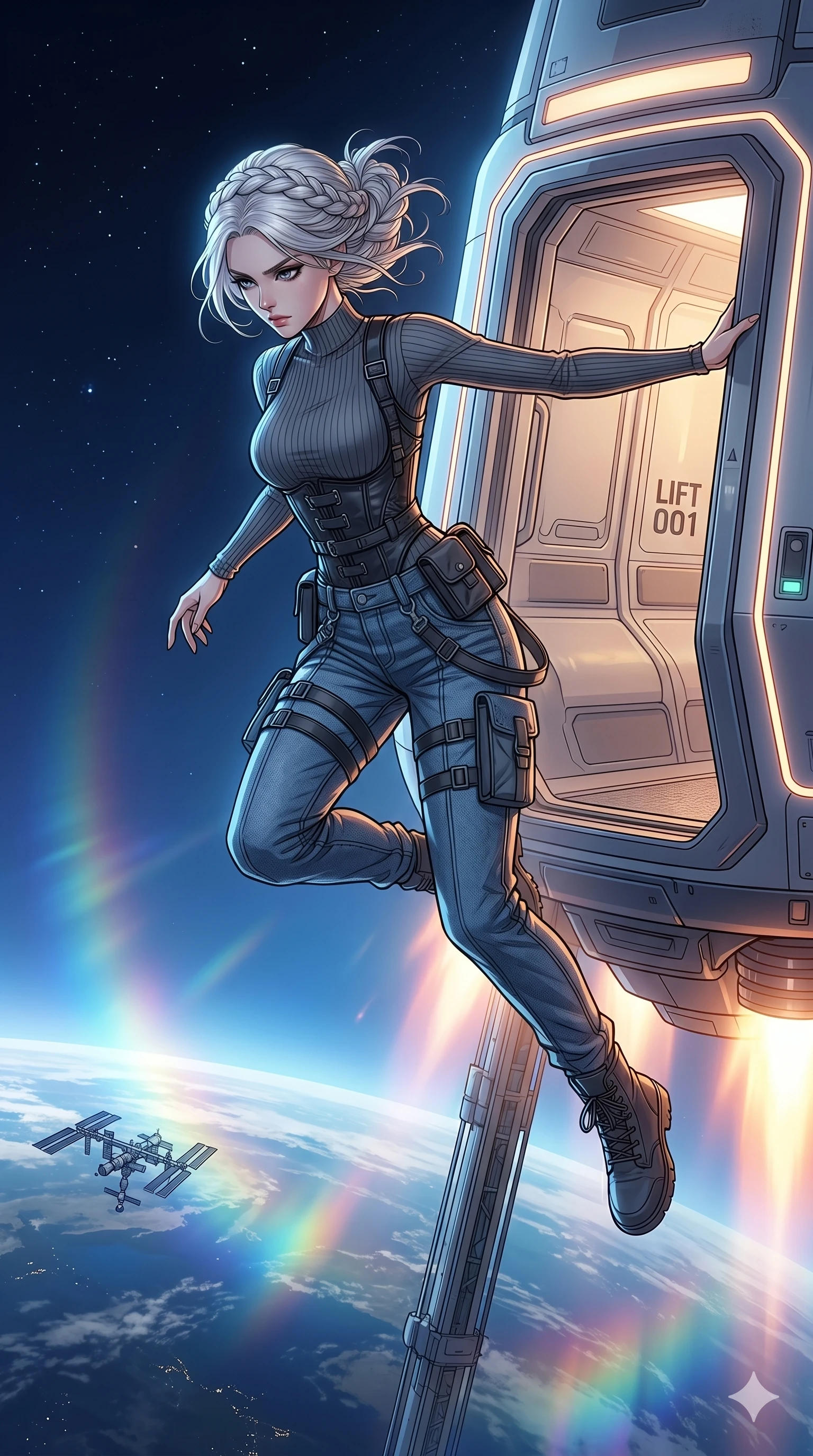 score_9, masterpiece, best quality, ultra-detailed, high-budget anime movie keyframe, cinematic anime lighting, intricate line art, Korean woman. Mid-air action shot capturing a graceful twist and vertical silhouette. leaping from a space elevator into the upper atmosphere. She has an absolutely perfect 8-heads proportion, an exceptionally tall and slender female figure with graceful and slender proportions. strictly human anatomy, two legs only, no extra limbs, clearly defined legs and arms, perfect anatomy, perfect hands and fingers. sharp v-shaped jawline, high-bridge nose, intricate jewel-like eyes, thick eyelashes, glossy lips. Wearing Urban Trendsetter: Ribbed bodycon dress, crop top with high-waist denim, and elegant corset with cargo pants. The scene is illuminated by dramatic atmospheric lighting and vibrant color palettes. , 2k, ultra detail, master piece, 9:16 ratio