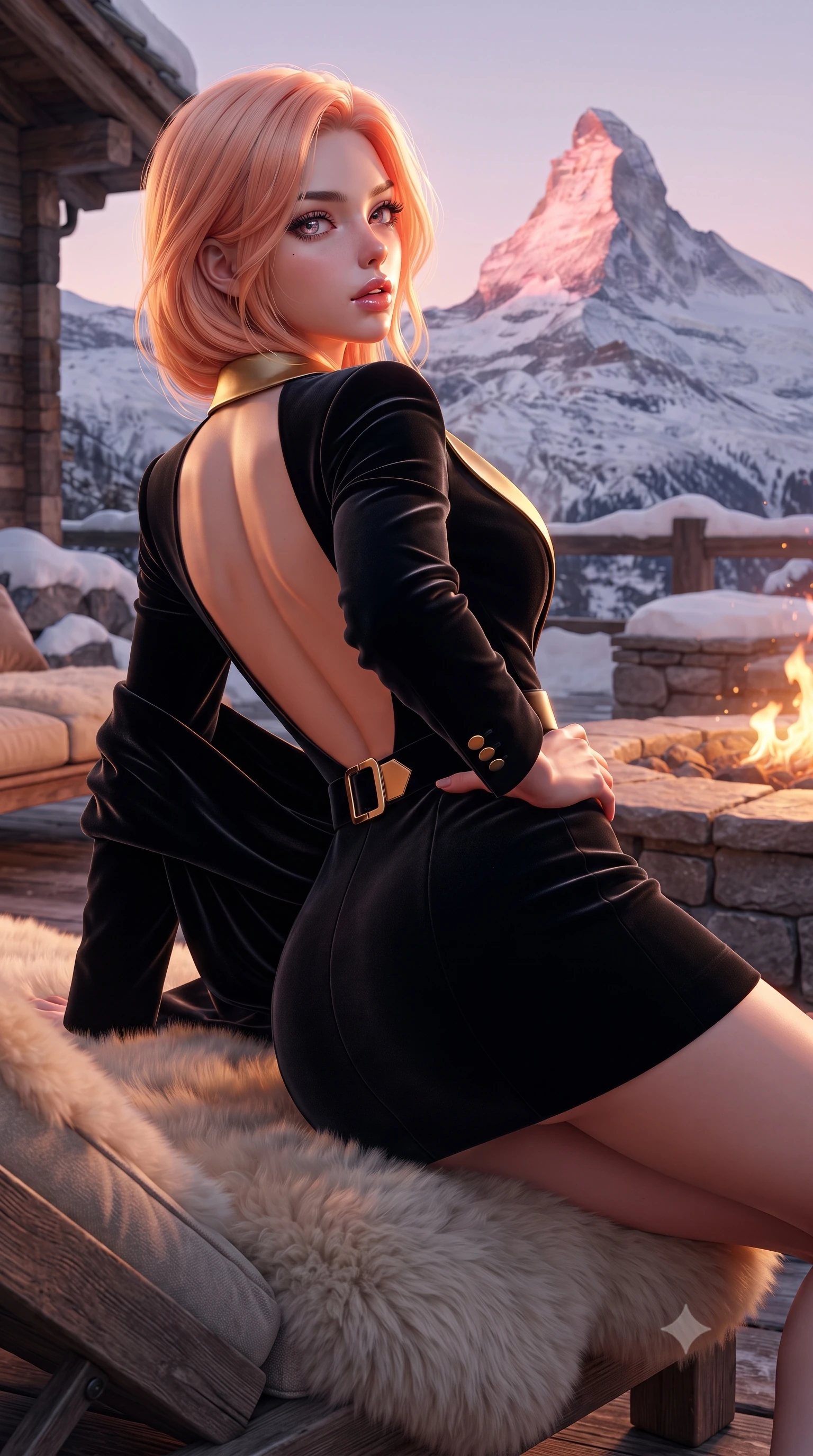 score_9, masterpiece, best quality, ultra-detailed, high-budget anime keyframe, editorial fashion photography, tasteful artistic composition, Japanese woman. close-up cowboy shot from the waist and thighs up, the character dominates the composition, filling the frame with her large presence. posing in an alluring rear three-quarter angle, arching her lower back in a pronounced S-curve with one hand on her hip, glancing seductively over her bare shoulder with parted glossy lips while reclining on a plush sheepskin lounger beside an outdoor stone fire pit, arching her back as the iconic pyramid of the Matterhorn glows pink with alpenglow. The surrounding environment is rendered in vivid detail and crisp panoramic clarity. sharp snow drift crystals on stone, weathered timber grain, and Matterhorn rock face ridges in deep focus. She has an exceptionally elegant, slender, and willowy female figure with an ultra-slim waist, flat toned midriff, narrow ribcage, and sculpted feminine hips creating an alluring, slim hourglass silhouette without bulk. sharp v-shaped jawline, high-bridge nose, intricate jewel-like eyes with depth, thick eyelashes, glossy parted lips with a natural sheen, intensely captivating and seductive bedroom-eyes expression, flawlessly proportioned anatomical accuracy, strict slender model proportions, natural body alignment, perfectly sculpted long slender limbs, ultra-slim waistline, clean dynamic posture without body distortion. wearing a tailored velvet tuxedo jacket dress with satin lapels, worn with a deep plunge neckline and gold hip buckle in midnight obsidian black and liquid gold, formed from supple second-skin lambskin leather with specular sheen, complemented by a plush velvet shawl draped loosely over her elbows, the precision-cut side openings and low-back scoop framing her graceful spine and the sensual sweep of her slim, toned hips. bathed in breathtaking rose-gold alpenglow backlighting from the setting sun and warm fire pit ambient glow. ultra-reflective glossy finish, specular highlights, rich textural contrasts, high-contrast stereoscopic depth, volumetric dynamic lighting, 2k, ultra detail, master piece, 9:16 ratio