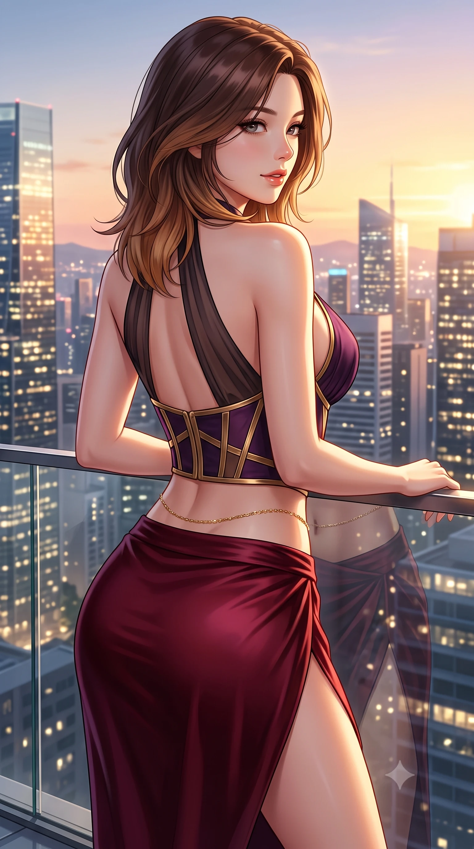 score_9, masterpiece, best quality, ultra-detailed, high-budget anime keyframe, semi-realistic 3D game render, editorial fashion photography, tasteful artistic composition, Korean woman. close-up cowboy shot from the waist and thighs up, the character dominates the composition, filling the frame with her large presence. posing in an alluring rear three-quarter angle, looking over a bare shoulder with parted glossy lips, her hips cocked back to highlight her slim hourglass curve while leaning against the glass perimeter wall with hips cocked back, looking over a bare shoulder toward glittering modernist high-rises. The surrounding environment is rendered in vivid detail and crisp panoramic clarity: detailed backless halterneck column dress cling, sunset skin highlights, and high-end museum terrace engineering in high resolution. She has an exceptionally elegant, slender, and willowy female figure with an ultra-slim waist, flat toned midriff, narrow ribcage, and sculpted feminine hips creating an alluring, slim hourglass silhouette without bulk. sharp v-shaped jawline, high-bridge nose, sparkling eyes with hypnotic seductive depth, thick curled eyelashes, glossy parted lips with a natural dewy peach sheen, alluring bedroom-eyes with an enchanting coquettish smile, exuding magnetic siren charisma and sophisticated glamour, flawlessly proportioned anatomical accuracy, strict slender model proportions, natural body alignment, perfectly sculpted long slender limbs, ultra-slim waistline, clean dynamic posture without body distortion. wearing a high-waisted dark crimson satin wrap sarong skirt with hip-high slit paired with a plunging criss-cross halter corset in dark plum violet and gilded bronze with sheer obsidian overlays, crafted from smooth liquid-tight stretch jersey emphasizing every curve of her body, accented with a dainty gold belly chain resting across her flat midriff and curving hips, the high-slit wrap tailoring accentuating her ultra-slim waistline and the enchanting curve of her feminine hips with alluring seductive charm. bathed in radiant golden hour sunset illumination washing horizontally across the rooftop terrace. highly saturated vibrant anime colors, detailed shading with soft gradients, rich glossy textures, high-contrast stereoscopic depth, volumetric dynamic lighting, master piece, 9:16 ratio