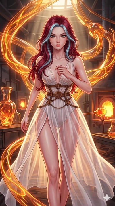 score_9, masterpiece, best quality, ultra-detailed, high-budget anime keyframe, Japanese woman. upper body close-up from the thighs up, character filling the screen for maximum presence. bounding through a molten glass art studio where twisting, glow