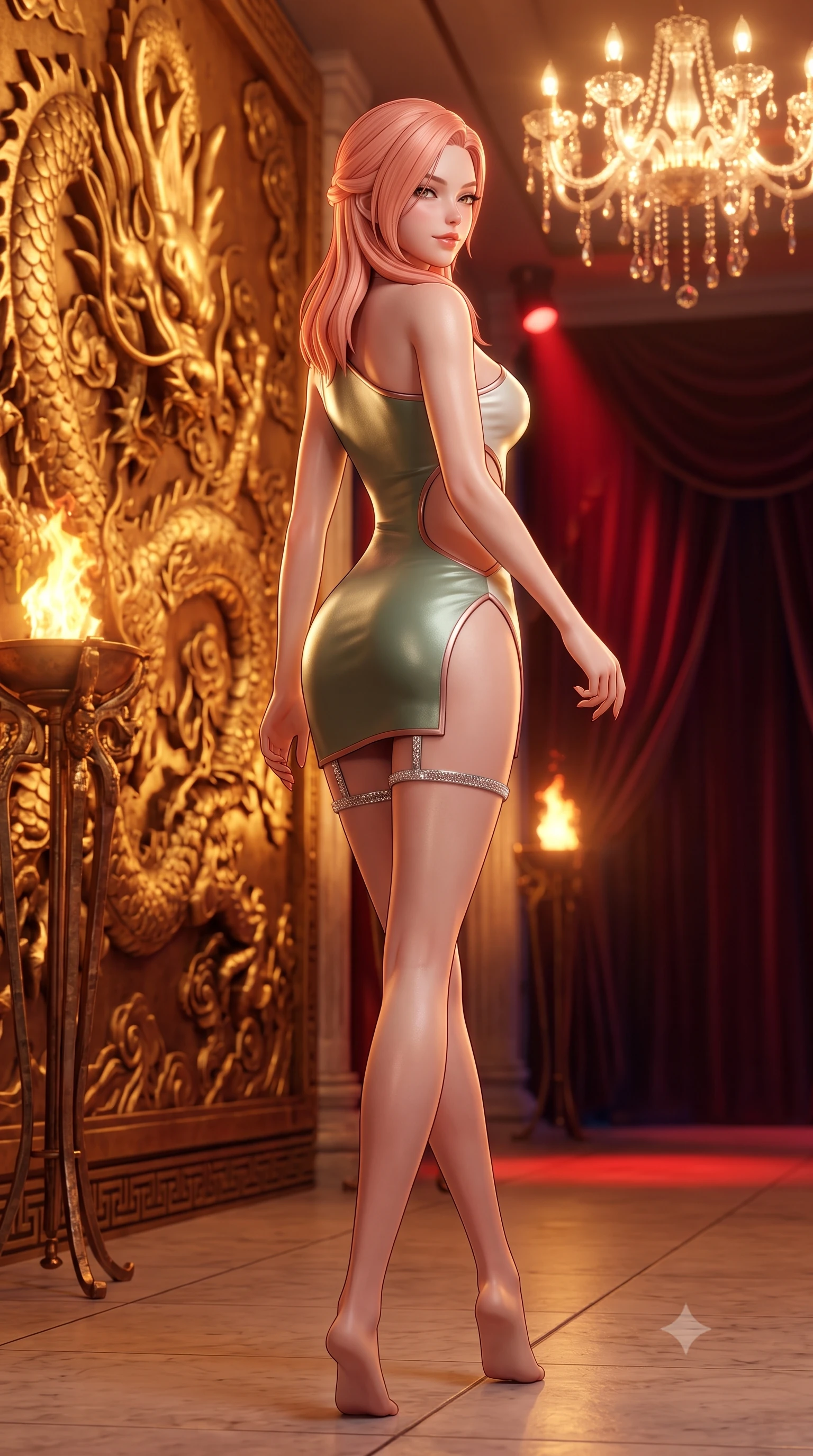 score_9, masterpiece, best quality, ultra-detailed, high-budget anime keyframe, semi-realistic 3D game render, editorial fashion photography, tasteful artistic composition, Japanese woman. low angle full-body shot from head to toe showing her feet, filling the entire 9:16 vertical frame with her statuesque presence, stretching her vertical silhouette. walking along the terrace with poise, looking back over her bare shoulder with an irresistible smoldering bedroom-gaze while twisting her slender torso in an alluring contrapposto stance beside the relief-carved golden dragon wall, torches illuminating her hourglass curves. The background shows a soft-focus heavy velvet salon portières softened in elite high-stakes shallow focus. She has an absolutely perfect, statuesque 8.5-heads proportion, an exceptionally tall and slender model-like female figure with impossibly long slender legs, an ultra-slim waist, a flat toned midriff, narrow delicate ribcage, and beautifully sculpted feminine hips creating a graceful, slim hourglass silhouette without any bulky heaviness. sharp v-shaped jawline, high-bridge nose, sparkling eyes with hypnotic seductive depth, thick curled eyelashes, glossy parted lips with a natural dewy peach sheen, alluring bedroom-eyes with an enchanting coquettish smile, exuding magnetic siren charisma and sophisticated glamour, flawlessly proportioned anatomical accuracy, strict slender model proportions, natural body alignment, perfectly sculpted long slender limbs, ultra-slim waistline, clean dynamic posture without body distortion. wearing an asymmetric one-shoulder metallic cocktail mini dress with a dramatic side cutout hugging her waist and hips in botanical sage green and pure pearlescent ivory with rose trims, woven from buttery-soft stretch lambskin leather adhering to her body like a second skin, finished with delicate crystal-encrusted thigh garter straps glinting under the lights, the second-skin tailored fabric adhering flawlessly to her sculpted flat midriff and slender torso, emphasizing her long leg lines and perfectly proportioned willowy build. bathed in warm 2700K incandescent crystal chandelier radiance mixed with red accent spotlights. highly saturated vibrant anime colors, detailed shading with soft gradients, rich glossy textures, high-contrast stereoscopic depth, volumetric dynamic lighting, master piece, 9:16 ratio