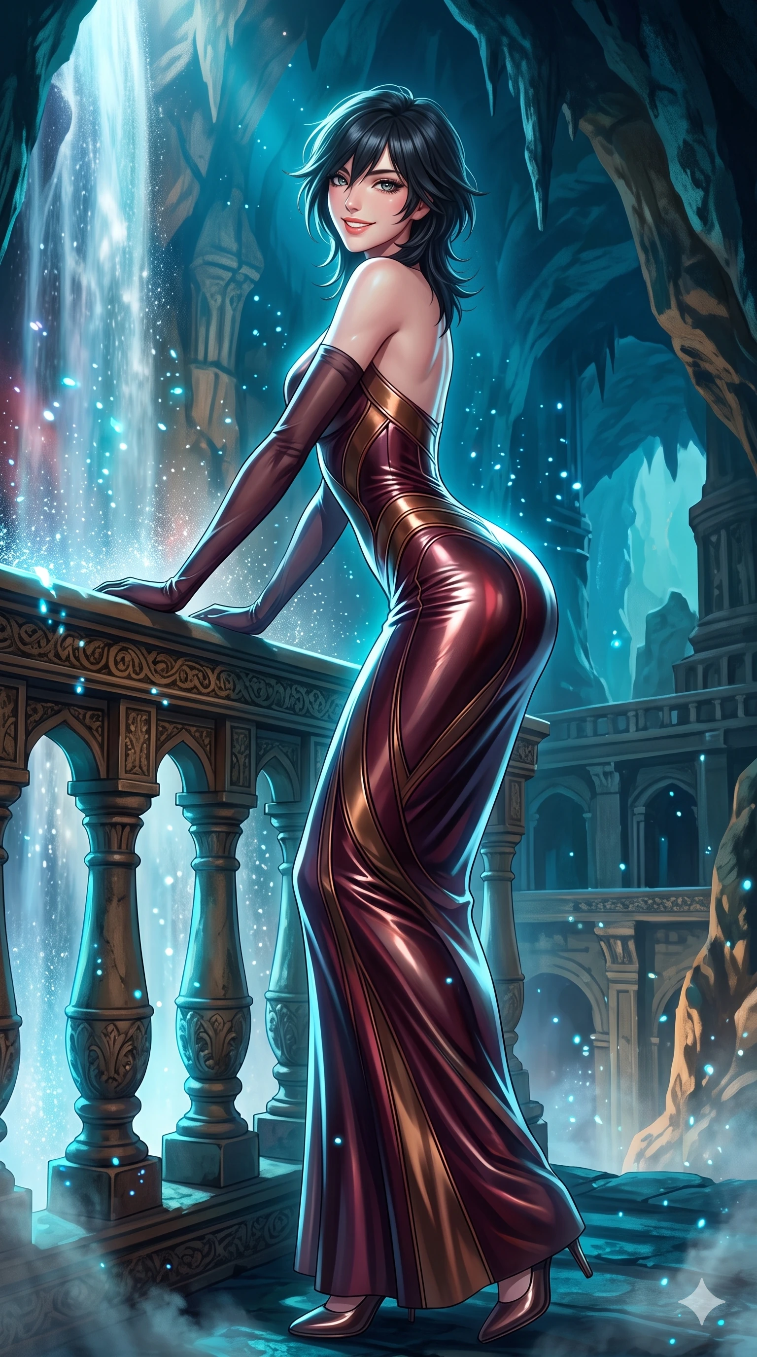score_9, masterpiece, best quality, ultra-detailed, high-budget anime keyframe, semi-realistic 3D game render, editorial fashion photography, tasteful artistic composition, Caucasian woman. low angle full-body shot from head to toe showing her feet, filling the entire 9:16 vertical frame with her statuesque presence, stretching her vertical silhouette. leaning deep against the balcony balustrade with hips cocked back in an unapologetically alluring high-fashion stance, casting an intoxicating glance while twisting her slender torso in an alluring S-curve, cascading blue light droplets painting sensual ribbons across her flat midriff and hips. The surrounding environment is rendered in vivid detail and crisp panoramic clarity: detailed garment styling, vibrant anime shading, and monumental underground cavern scale in high resolution. She has an exceptionally tall and slender model-like 8.5-heads proportion, an ultra-slim waist, a flat toned midriff, narrow delicate ribcage, and beautifully sculpted feminine hips creating a graceful, slim hourglass silhouette without any bulky heaviness, with impossibly long slender legs. sharp v-shaped jawline, high-bridge nose, intricate jewel-like sparkling eyes with depth, thick eyelashes, glossy parted lips with a natural peach sheen, bright cheerful beaming smile with an enchanting and coquettish sensual glint, exuding both youthful cute charm and seductive allure, flawlessly proportioned anatomical accuracy, strict slender model proportions, natural body alignment, perfectly sculpted long slender limbs, ultra-slim waistline, clean dynamic posture without body distortion. wearing a liquid chrome second-skin bodycon gown hugging every curve of her feminine hips with metallic luster in deep burgundy and bronze accents, made of fluid liquid jersey with seamless sculpting hold and smooth contours, complemented by sheer opera-length evening gloves tracing her slender arms, the second-skin tailored fabric adhering flawlessly to her sculpted flat midriff and slender torso, emphasizing her long leg lines and perfectly proportioned willowy build. illuminated by waterfall spray bounce and sharp cyan-white rim lights defining her jawline, narrow waist, and curvy hips. highly saturated vibrant anime colors, detailed shading with soft gradients, rich glossy textures, high-contrast stereoscopic depth, volumetric dynamic lighting, master piece, 9:16 ratio