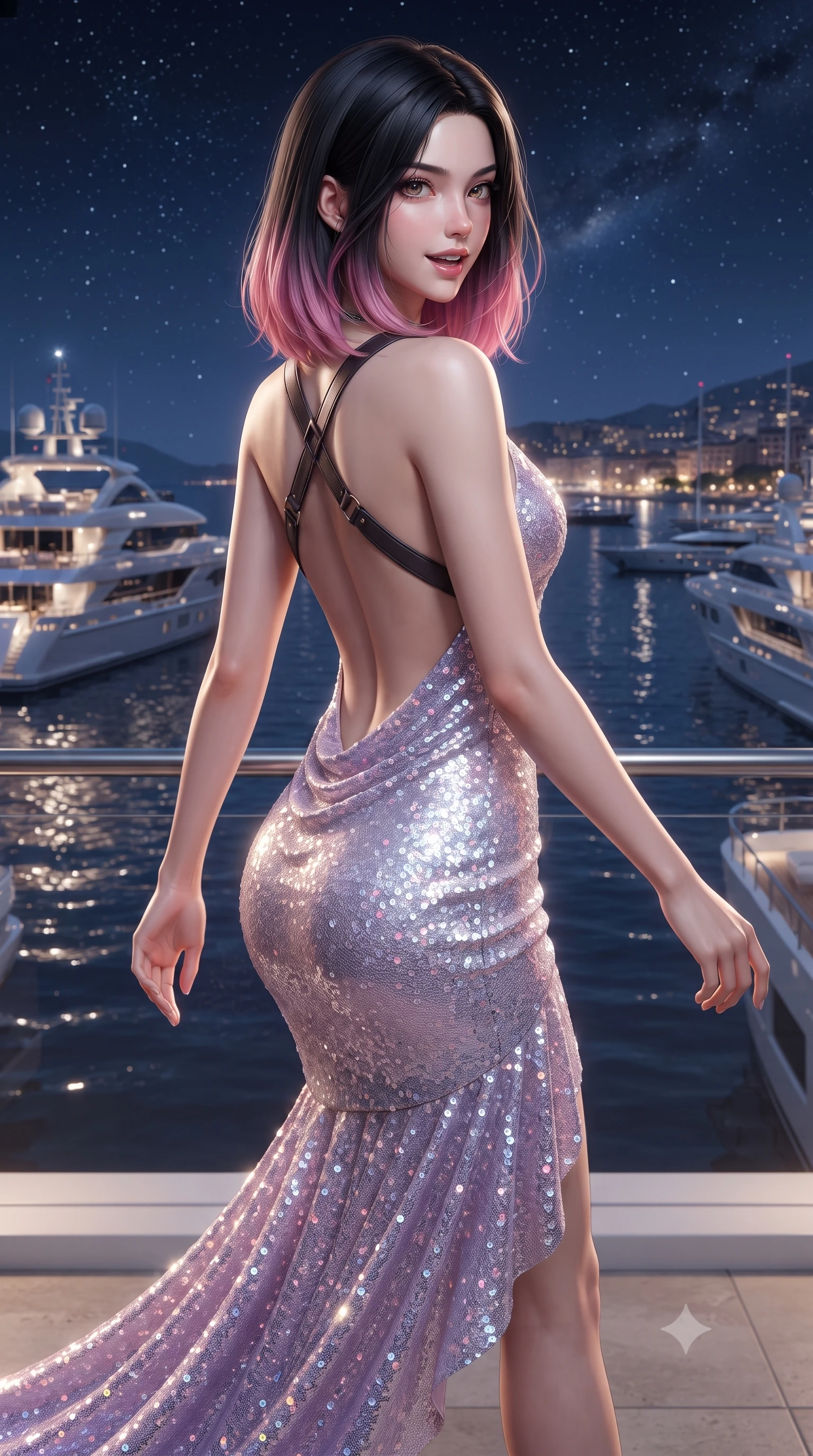score_9, masterpiece, best quality, ultra-detailed, high-budget anime keyframe, editorial fashion photography, tasteful artistic composition, Korean woman. close-up cowboy shot from the waist and thighs up, the character dominates the composition, filling the frame with her large presence. turning over a bare shoulder with an intoxicating, teasing smile, her soft hair framing her sharp jawline as her hips angle gracefully while striding dynamically along the marina balcony as superyacht horns echo below, her glittering backless dress tightly hugging her feminine curves. The surrounding environment is rendered in vivid detail and crisp panoramic clarity. detailed sequin dress reflections, diamond necklace fire, and Mediterranean night harbor in high clarity. She has an exceptionally elegant, slender, and willowy female figure with an ultra-slim waist, a gracefully sculpted slender torso, toned flat midriff, and rounded feminine hips creating an alluring hourglass silhouette. sharp v-shaped jawline, high-bridge nose, intricate jewel-like eyes with depth, thick eyelashes, glossy parted lips with a natural sheen, intensely captivating and seductive bedroom-eyes expression, flawlessly proportioned anatomical accuracy, strict slender model proportions, natural body alignment, perfectly sculpted long slender limbs, ultra-slim waistline, clean dynamic posture without body distortion. wearing an open-back duchess satin gala gown with a dramatic hip-hugging drape and cascading trailing hem in pearlescent opal with soft violet luster, crafted from second-skin supple lambskin leather with specular sheen, featuring an open-back criss-cross harness strap in dark leather, the glove-like aerodynamic silhouette tightly following the natural contour of her hips and long slender legs with statuesque precision. illuminated by crisp directional spotlights sharply defining her narrow waistline, sculpted spine, and curvy hips. ultra-reflective glossy finish, specular highlights, rich textural contrasts, high-contrast stereoscopic depth, volumetric dynamic lighting, 2k, ultra detail, master piece, 9:16 ratio