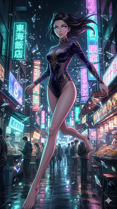 score_9, masterpiece, best quality, ultra-detailed, Set A: High-budget Anime Keyframe, Japanese woman. Low angle cowboy shot filling the entire 9:16 frame with her statuesque presence. Leaping through a futuristic night market, while her eyes glow wi