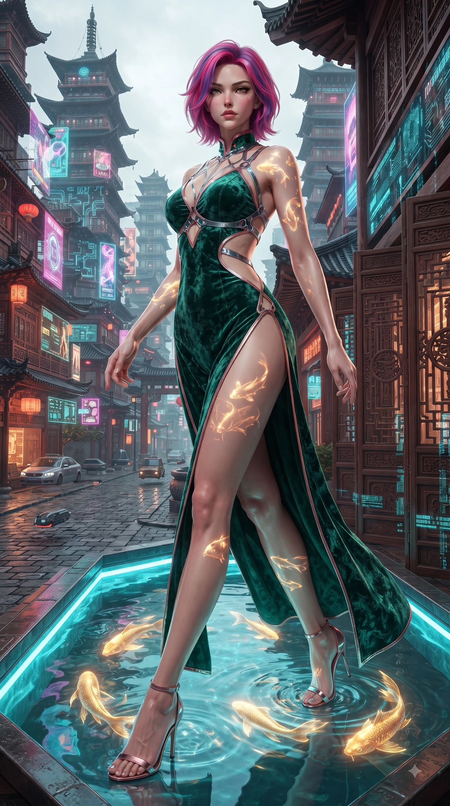 score_9, masterpiece, best quality, ultra-detailed, high-budget anime keyframe, editorial fashion photography, tasteful artistic composition, Caucasian woman. low angle full-body shot from head to toe showing her feet, filling the entire 9:16 vertical frame with her statuesque presence, stretching her vertical silhouette. striding forward in a proud, statuesque motion with a dangerous smolder, her vertical silhouette dominating the frame from head to toe while leaning over a glowing water basin as golden digital fish ripple light across her clavicle and chest. The surrounding environment is rendered in vivid detail and crisp panoramic clarity. fusion of traditional oriental architecture and sleek cyberpunk elements in high resolution. She has an absolutely perfect, statuesque 8.5-heads proportion, an exceptionally tall and slender model-like female figure with impossibly long slender legs and an ultra-slim waist. sharp v-shaped jawline, high-bridge nose, intricate jewel-like eyes with depth, thick eyelashes, glossy lips with a natural sheen, flawlessly proportioned anatomical accuracy, natural body alignment, perfectly sculpted elegant limbs, clean dynamic posture without body distortion. wearing a backless crushed velvet gown with a deep V-neckline, strategic hip cutouts, and an ultra-high thigh slit in emerald green and metallic rose gold trim, crafted from delicate dark lace interwoven with luminescent micro-fibers, reinforced by a sleek metallic chrome harness and delicate glowing micro-straps, the sleek aerodynamic cut emphasizing her magnetic presence and alluring physical grace. surrounded by an intimate, exotic, and captivatingly sensual oriental cyber atmosphere. ultra-reflective glossy finish, specular highlights, metallic sheen, high-contrast stereoscopic depth, volumetric dynamic lighting, 2k, ultra detail, master piece, 9:16 ratio