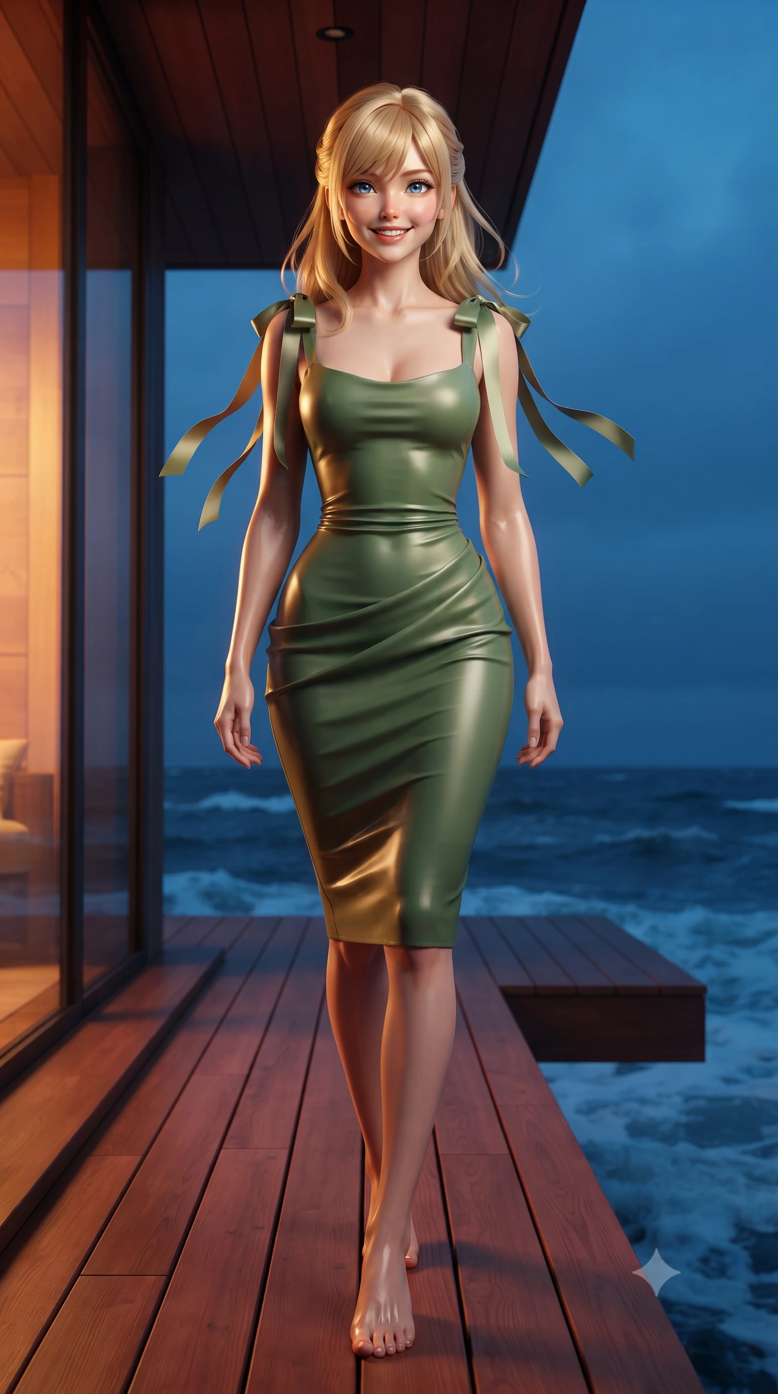 score_9, masterpiece, best quality, ultra-detailed, high-budget anime keyframe, editorial fashion photography, tasteful artistic composition, Caucasian woman. low angle full-body shot from head to toe showing her feet, filling the entire 9:16 vertical frame with her statuesque presence, stretching her vertical silhouette. stepping slowly toward the camera with hypnotic grace, hips swaying in an alluring sensual rhythm that accentuates her curvy hourglass silhouette and long slender legs while standing poised on the aromatic red cedar deck cantilevered over the foaming Arctic ocean, arching her spine with wet-look siren charisma as sea breezes toss her hair. The surrounding environment is rendered in vivid detail and crisp panoramic clarity: detailed garment cut, wet cling or tailored fit, and minimalist Scandinavian craft in high resolution. She has an exceptionally tall and slender model-like 8.5-heads proportion, an ultra-slim waist, a flat toned midriff, narrow delicate ribcage, and beautifully sculpted feminine hips creating a graceful, slim hourglass silhouette without any bulky heaviness, with impossibly long slender legs. sharp v-shaped jawline, high-bridge nose, intricate jewel-like sparkling eyes with depth, thick eyelashes, glossy parted lips with a natural peach sheen, bright cheerful beaming smile with an enchanting and coquettish sensual glint, exuding both youthful cute charm and seductive allure, flawlessly proportioned anatomical accuracy, strict slender model proportions, natural body alignment, perfectly sculpted long slender limbs, ultra-slim waistline, clean dynamic posture without body distortion. wearing a form-fitting Andalusian liquid silk jersey flamenco-draped cocktail dress clinging to her narrow waist and rounded hips in Japanese hinoki cedar honey and Kyoto matcha jade, crafted from bespoke double-faced cashmere with an exceptionally soft tactile finish, finished with satin ribbon ties at the shoulders fluttering in the gentle breeze, the glove-like clinging cut tightly following the natural contour of her hips and long slender legs with youthful 8.5-heads elegance. bathed in warm 2200K interior sauna amber glows spilling through glass mixed with cool Arctic twilight. ultra-reflective glossy finish, specular highlights, rich textural contrasts, high-contrast stereoscopic depth, volumetric dynamic lighting, 2k, ultra detail, master piece, 9:16 ratio