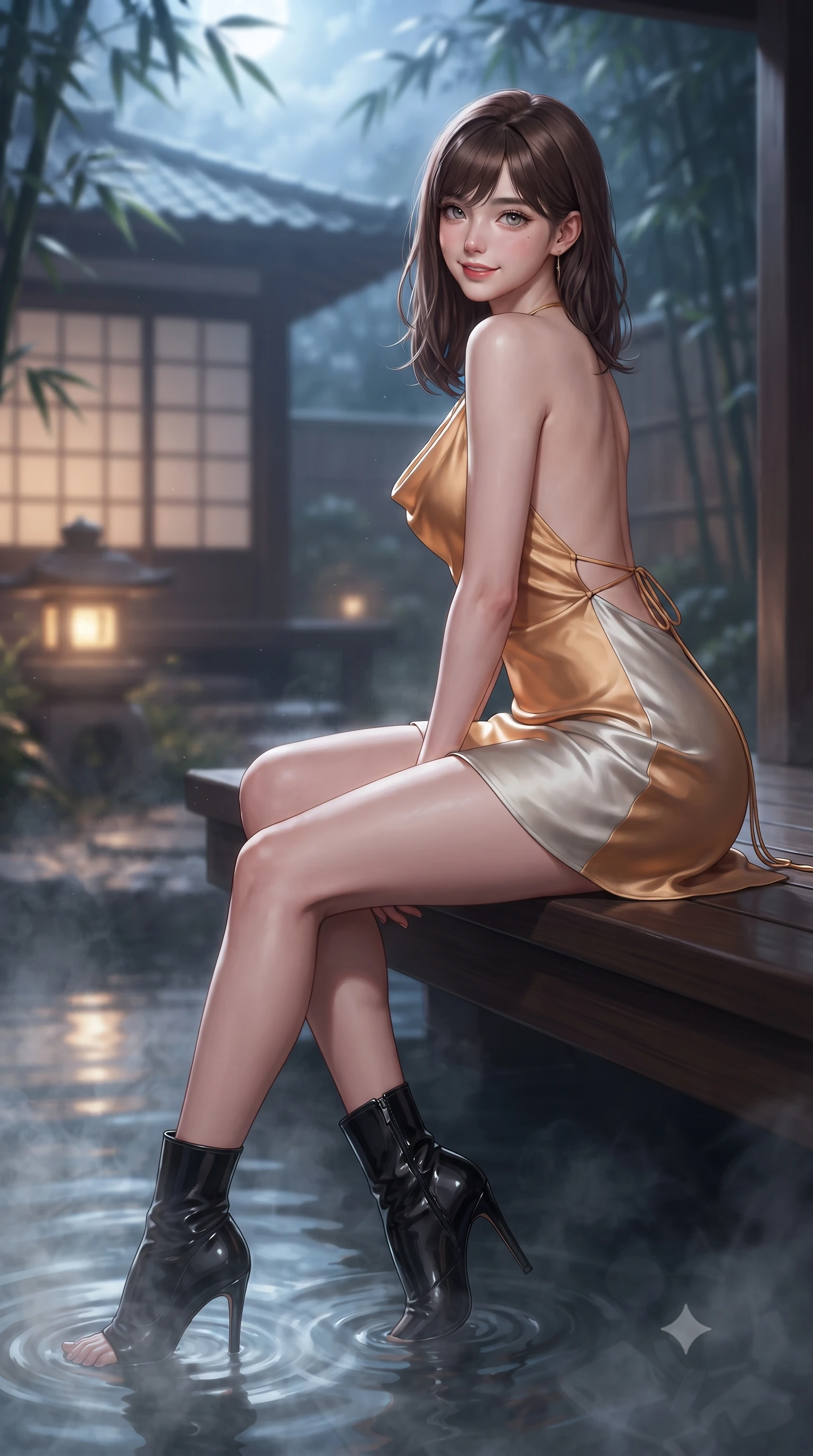 score_9, masterpiece, best quality, ultra-detailed, high-budget anime keyframe, editorial fashion photography, tasteful artistic composition, Korean woman. low angle full-body shot from head to toe showing her feet, filling the entire 9:16 vertical frame with her statuesque presence, stretching her vertical silhouette. posing in a classic haute-couture S-curve stance beside the floor-to-ceiling window, looking over a bare shoulder with magnetic presence while sitting perched on the wooden onsen deck with legs dipped in steaming thermal water, flashing an enchanting, flirtatious smile. The background shows a soft-focus traditional shoji pavilion softened in intimate Japanese hot spring sanctuary shallow focus. She has an exceptionally tall and slender model-like 8.5-heads proportion, an ultra-slim waist, a flat toned midriff, narrow delicate ribcage, and beautifully sculpted feminine hips creating a graceful, slim hourglass silhouette without any bulky heaviness, with impossibly long slender legs. sharp v-shaped jawline, high-bridge nose, intricate jewel-like sparkling eyes with depth, thick eyelashes, glossy parted lips with a natural peach sheen, bright cheerful beaming smile with an enchanting and coquettish sensual glint, exuding both youthful cute charm and seductive allure, flawlessly proportioned anatomical accuracy, strict slender model proportions, natural body alignment, perfectly sculpted long slender limbs, ultra-slim waistline, clean dynamic posture without body distortion. wearing a plunging cowl-neck metallic lame mini dress with a completely open back and delicate waist-cinching ties in Dubai desert golden hour amber and pure starlight platinum, crafted from fluid liquid silk satin that clings smoothly to her narrow waist and rounded hips with a dewy sheen, complemented by sleek patent leather stiletto ankle boots accentuating her long slender calves, the precision-cut side openings and low-back scoop framing her graceful spine and the sensual sweep of her slim, toned hips. bathed in mystical cool silver moonlight filtering through swaying bamboo leaves combined with warm 2700K stone lantern glow. ultra-reflective glossy finish, specular highlights, rich textural contrasts, high-contrast stereoscopic depth, volumetric dynamic lighting, 2k, ultra detail, master piece, 9:16 ratio