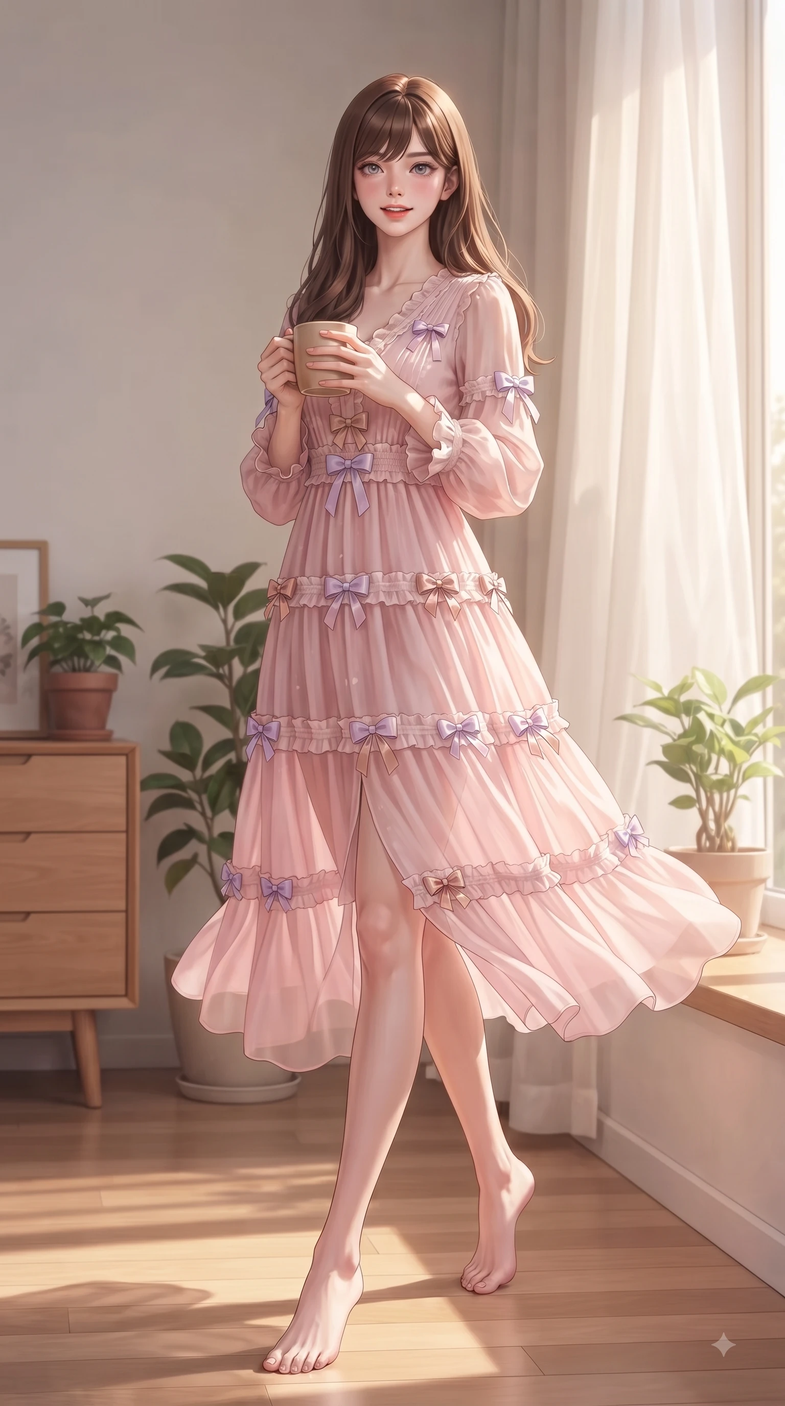score_9, masterpiece, best quality, ultra-detailed, high-budget anime keyframe, editorial fashion photography, tasteful artistic composition, Korean woman. low angle full-body shot from head to toe showing her feet, filling the entire 9:16 vertical frame with her statuesque presence, stretching her vertical silhouette. stepping forward gracefully in mid-motion with a delighted cute expression, displaying her statuesque model proportions while sitting near a sun-drenched window sill holding a warm mug of cocoa with a tender, happy expression. The composition keeps background elements in soft focus with dreamy bokeh. Scandinavian oak furniture and potted houseplants blurred in gentle, creamy morning bokeh. She has an absolutely perfect, statuesque 8.5-heads proportion, an exceptionally tall and slender model-like female figure with impossibly long slender legs and an ultra-slim waist. sharp v-shaped jawline, high-bridge nose, intricate jewel-like eyes with depth, thick eyelashes, glossy lips with a natural sheen, flawlessly proportioned anatomical accuracy, natural body alignment, perfectly sculpted elegant limbs, clean dynamic posture without body distortion. wearing a romantic pink tiered chiffon maxi dress decorated with delicate bow ribbons in pastel lilac and soft rose gold, made of fine lightweight chiffon that flutters gently in the breeze, accented with soft smocked details and fluttery cuffs, the soft airy drape swaying gracefully with her dynamic movements. bathed in soft, warm morning sunlight streaming through sheer curtains. ultra-reflective glossy finish, specular highlights, metallic sheen, high-contrast stereoscopic depth, volumetric dynamic lighting, 2k, ultra detail, master piece, 9:16 ratio