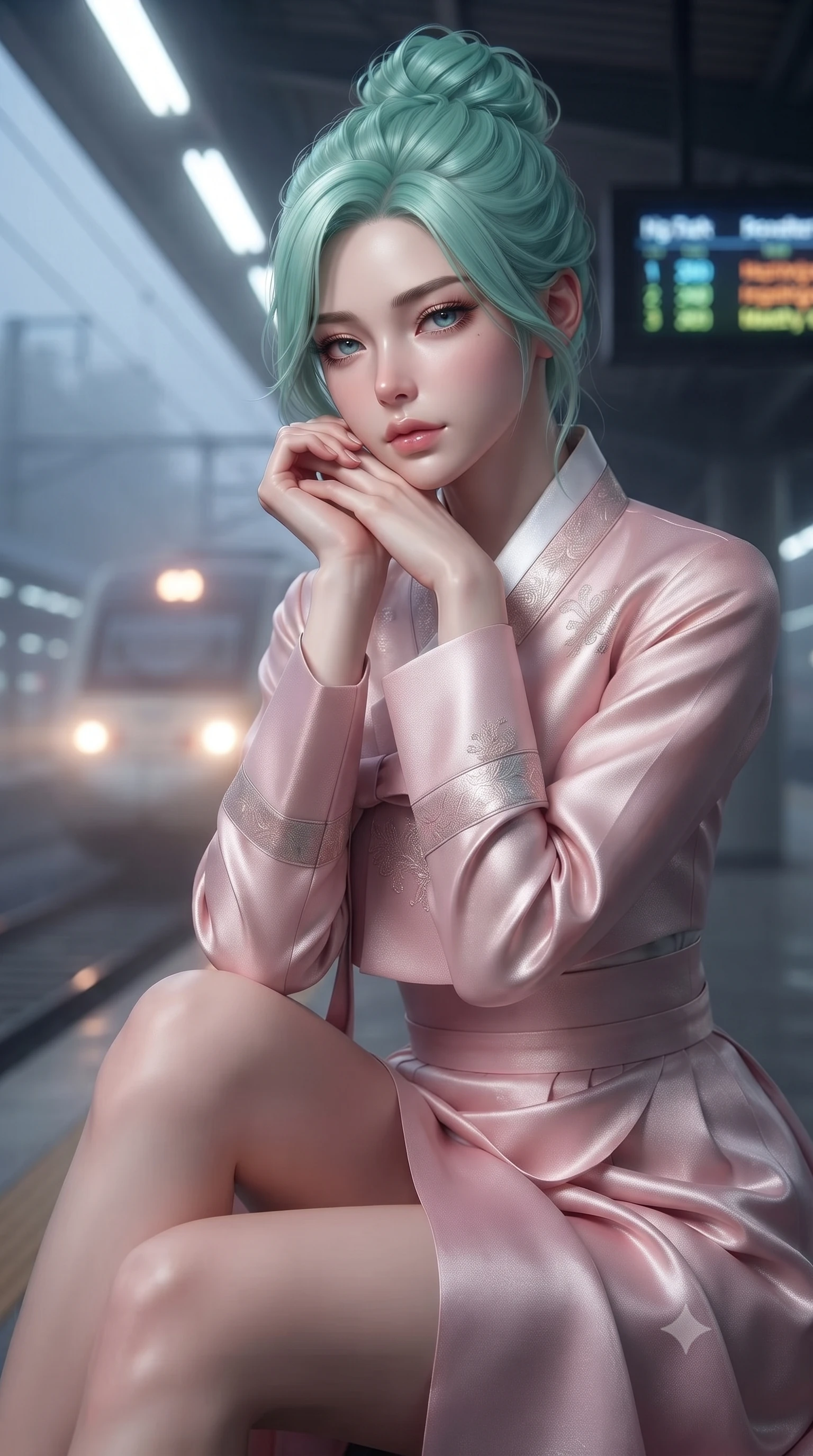 score_9, masterpiece, best quality, ultra-detailed, high-budget anime keyframe, editorial fashion photography, tasteful artistic composition, Japanese woman. close-up cowboy shot from the waist and thighs up, the character dominates the composition, filling the frame with her large presence, background elements kept in soft focus. resting her chin on the backs of her fingers, casting a heavy-lidded, sultry look past the camera the background shows a soft-focus a high-speed train platform with digital schedule displays and misty tracks. She has an exceptionally elegant, slender, and willowy female figure with an ultra-slim waist, a gracefully sculpted slender torso, and a refined silhouette. sharp v-shaped jawline, high-bridge nose, intricate jewel-like eyes with depth, thick eyelashes, glossy lips with a natural sheen. wearing a tailored modern fusion hanbok jeogori in light pink silk, paired with a high-waisted wrap skirt. cool white overhead lighting contrasting with the warm lights of the incoming train. ultra-reflective glossy finish, specular highlights, metallic sheen, high-contrast stereoscopic depth, volumetric dynamic lighting, 2k, ultra detail, master piece, 9:16 ratio