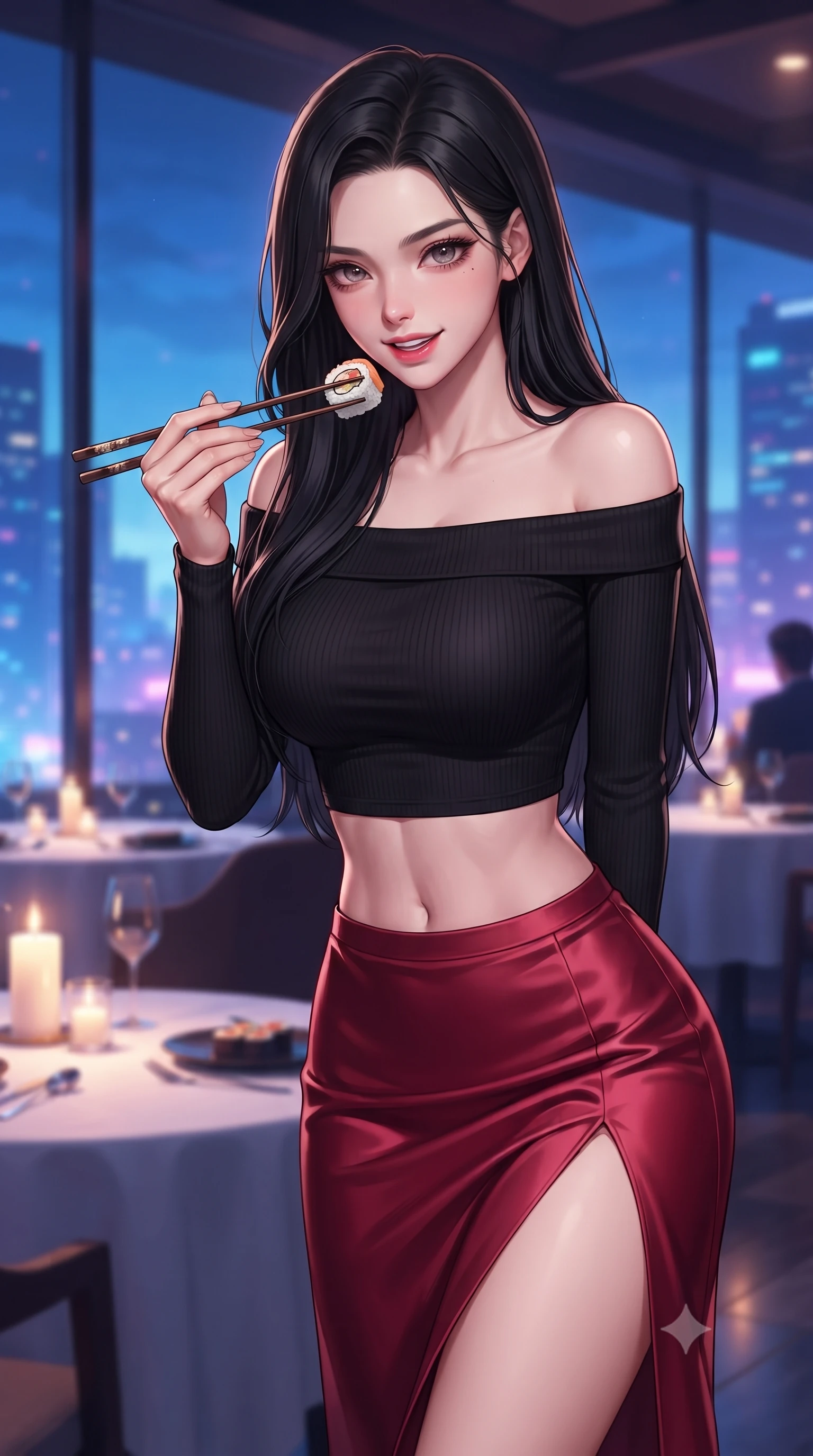 score_9, masterpiece, best quality, ultra-detailed, high-budget anime keyframe, editorial fashion photography, tasteful artistic composition, Korean woman. close-up cowboy shot from the waist and thighs up, the character dominates the composition, filling the frame with her large presence, background elements kept in soft focus. leaning slightly forward with a playful, sultry smile that holds direct, intense eye contact set against a soft-focus background of inside a modern rooftop restaurant overlooking a bright city skyline holding a pair of chopsticks with a cute, excited look before eating. She has an exceptionally elegant, slender, and willowy female figure with an ultra-slim waist, a gracefully sculpted slender torso, and a refined silhouette. sharp v-shaped jawline, high-bridge nose, intricate jewel-like eyes with depth, thick eyelashes, glossy lips with a natural sheen. wearing slim-fit stylish off-shoulder crop top paired with a high-slit satin midi skirt. soft candle light clashing with the cool blue city twilight sky outside. highly saturated vibrant anime colors, detailed shading with soft gradients, rich glossy textures, high-contrast stereoscopic depth, volumetric dynamic lighting, master piece, 9:16 ratio