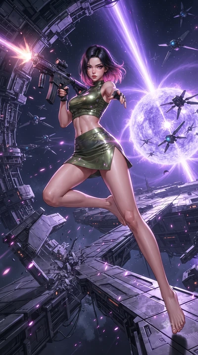 score_9, masterpiece, best quality, ultra-detailed, high-budget anime keyframe, editorial fashion photography, tasteful artistic composition, realistic cosplay photography, Korean woman. low angle full-body shot from head to toe showing her feet, fil