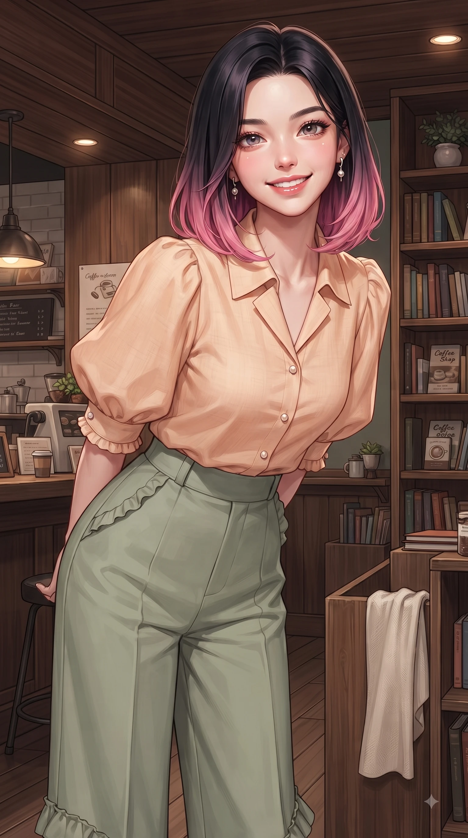score_9, masterpiece, best quality, ultra-detailed, high-budget anime keyframe, editorial fashion photography, tasteful artistic composition, Korean woman. close-up cowboy shot from the waist and thighs up, the character dominates the composition, filling the frame with her large presence. Cheerful beaming smile with sparkling eyes and a fresh girlhood aura, leaning forward with playful grace while pivoting dynamically in a quiet library nook with a sweet, intelligent smile and sparkling eyes. The surrounding environment is rendered in vivid detail and crisp panoramic clarity. rich wooden interior textures and cozy coffee shop decor rendered with vivid environmental detail. She has an exceptionally elegant, slender, and willowy female figure with an ultra-slim waist, a gracefully sculpted slender torso, and a refined silhouette. sharp v-shaped jawline, high-bridge nose, intricate jewel-like eyes with depth, thick eyelashes, glossy lips with a natural sheen, flawlessly proportioned anatomical accuracy, natural body alignment, perfectly sculpted elegant limbs, clean dynamic posture without body distortion. wearing an elegant pastel linen blouse with puff sleeves and high-waisted wide-leg trousers in warm apricot and sage green, tailored from crisp cotton poplin, finished with subtle ruffle trims and delicate pearl buttons, the relaxed yet flattering fit accentuating her naturally graceful and slender figure. surrounded by a cozy, serene, and healing book cafe atmosphere. ultra-reflective glossy finish, specular highlights, metallic sheen, high-contrast stereoscopic depth, volumetric dynamic lighting, 2k, ultra detail, master piece, 9:16 ratio