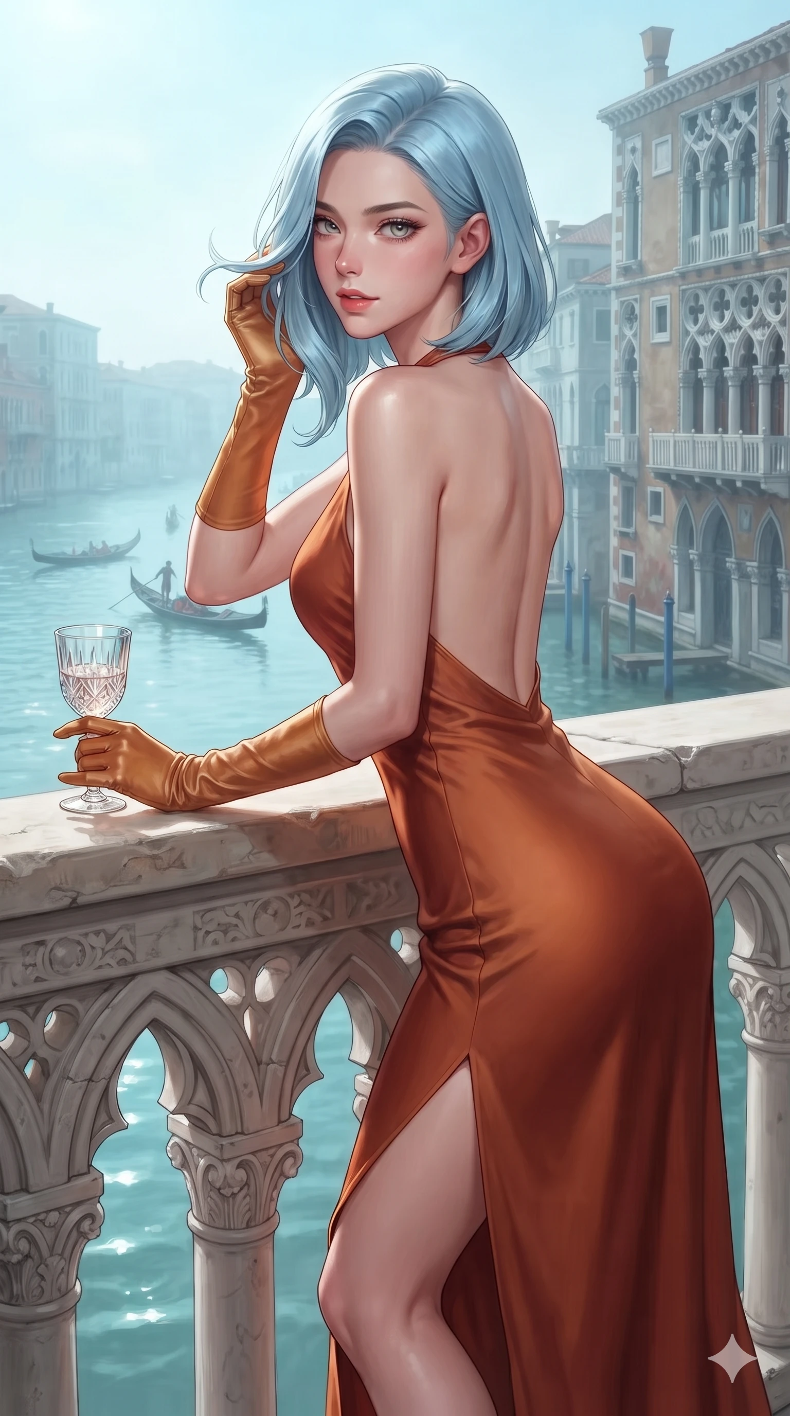 score_9, masterpiece, best quality, ultra-detailed, high-budget anime keyframe, semi-realistic 3D game render, editorial fashion photography, tasteful artistic composition, Korean woman. close-up cowboy shot from the waist and thighs up, the character dominates the composition, filling the frame with her large presence. gently brushing a lock of hair behind her ear while casting a playful, flirtatious side-gaze with long eyelashes while leaning forward over the carved Istrian stone gothic balustrade, looking back with sleepy seductive bedroom-eyes as gondolas drift along the misty Grand Canal. The surrounding environment is rendered in vivid detail and crisp panoramic clarity: detailed anime keyframe lines, rich fabric textures, and historic Venetian architecture in razor-sharp precision. She has an exceptionally elegant, slender, and willowy female figure with an ultra-slim waist, flat toned midriff, narrow ribcage, and sculpted feminine hips creating an alluring, slim hourglass silhouette without bulk. sharp v-shaped jawline, high-bridge nose, intricate jewel-like eyes with depth, thick eyelashes, glossy parted lips with a natural sheen, intensely captivating and seductive bedroom-eyes expression, flawlessly proportioned anatomical accuracy, strict slender model proportions, natural body alignment, perfectly sculpted long slender limbs, ultra-slim waistline, clean dynamic posture without body distortion. wearing a tailored silk halter dress with an open back and graceful side slit flowing to the floor in warm Tuscan ochre and terracotta sienna, tailored from liquid silk jersey adhering flawlessly to her slender build, accessorized with opera-length satin gloves and a vintage crystal glass, the impeccably tailored cut draping gracefully along her slender figure with aristocratic poise. bathed in luminous morning canal light with soft cyan reflections bouncing off the water surface. highly saturated vibrant anime colors, detailed shading with soft gradients, rich glossy textures, high-contrast stereoscopic depth, volumetric dynamic lighting, master piece, 9:16 ratio