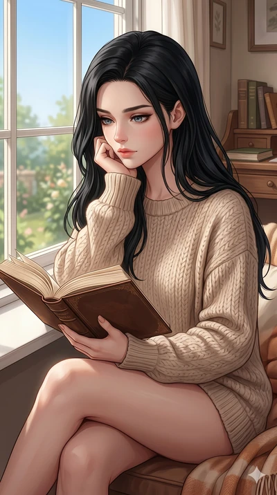 score_9, score_8_up, score_7_up, source_anime, masterpiece, best quality, ultra-detailed, same character with long flowing black hair, wearing a cozy beige knit sweater, upper body close-up from thigh up filling the screen, sitting by a large window 