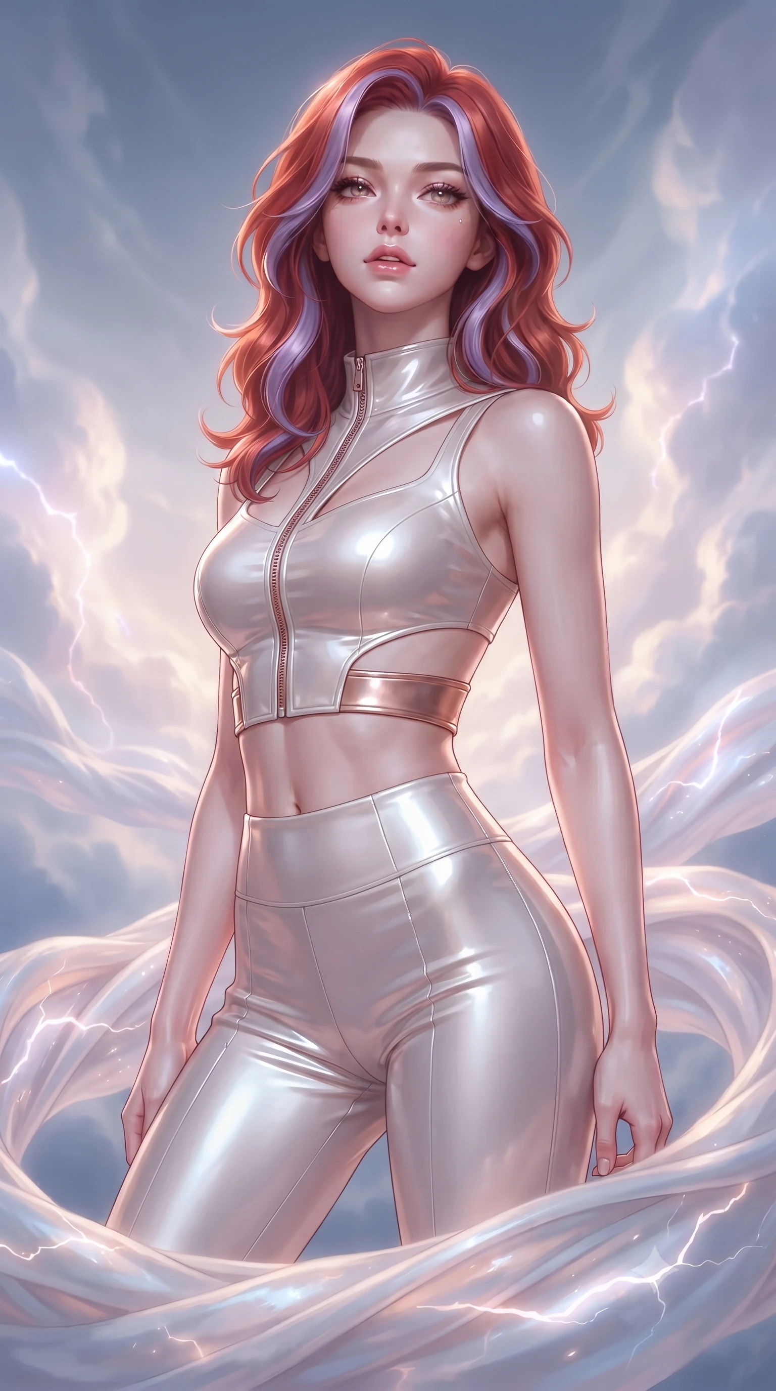 score_9, masterpiece, best quality, ultra-detailed, high-budget anime keyframe, editorial fashion photography, tasteful artistic composition, Caucasian woman. close-up cowboy shot from the waist and thighs up, the character dominates the composition, filling the frame with her large presence, background elements kept in soft focus. Tilting her chin up slightly with lips parted in a magnetic, composed expression poised on a sky platform as gentle internal lightning flashes illuminate cloud walls, fine cloud threads weaving together into fluid ribbons in mid-air. She has an exceptionally elegant, slender, and willowy female figure with an ultra-slim waist, a gracefully sculpted slender torso, and a refined silhouette. sharp v-shaped jawline, high-bridge nose, intricate jewel-like eyes with depth, thick eyelashes, glossy lips with a natural sheen. wearing a glossy vinyl crop top and high-waist tailored leggings with sleek zippers in pearl white and rose gold, crafted from lustrous satin jersey with fluid draping, featuring clean architectural cutouts along her slender torso, the elegant draped fit framing her graceful clavicle and slender torso. surrounded by a majestic, atmospheric sky aura with soft gradients. ultra-reflective glossy finish, specular highlights, metallic sheen, high-contrast stereoscopic depth, volumetric dynamic lighting, 2k, ultra detail, master piece, 9:16 ratio