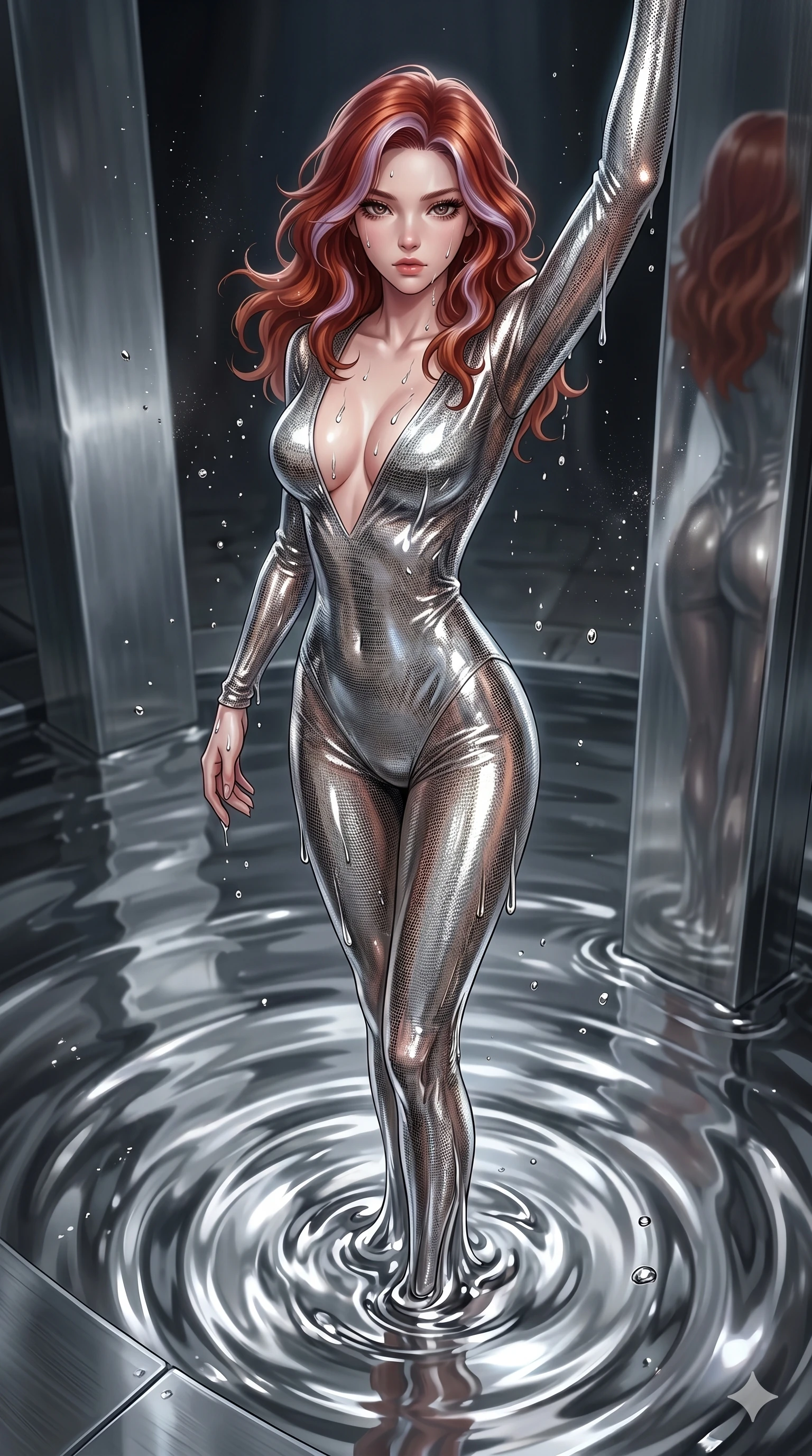 score_9, masterpiece, best quality, ultra-detailed, High-budget Anime Keyframe, East Asian woman. Dynamic full-body shot stretching the vertical silhouette to the limit. Scenario 104: Rising from a pool of mercury-like liquid, droplets rolling off her skin. Her presence is magnetic and overpowering in this high-budget anime scene. Outfit 104: A molten liquid silk micro-mesh with a plunging V-neckline and tight-fitting silhouette. The clothing is designed to emphasize her exceptionally tall and slender 8-heads proportion. 8-heads proportion, towering silhouette, ultra-slim waist. sharp v-shaped jawline, intricate jewel-like eyes with depth, thick eyelashes, glossy lips. 2k, ultra detail, master piece, 9:16 ratio