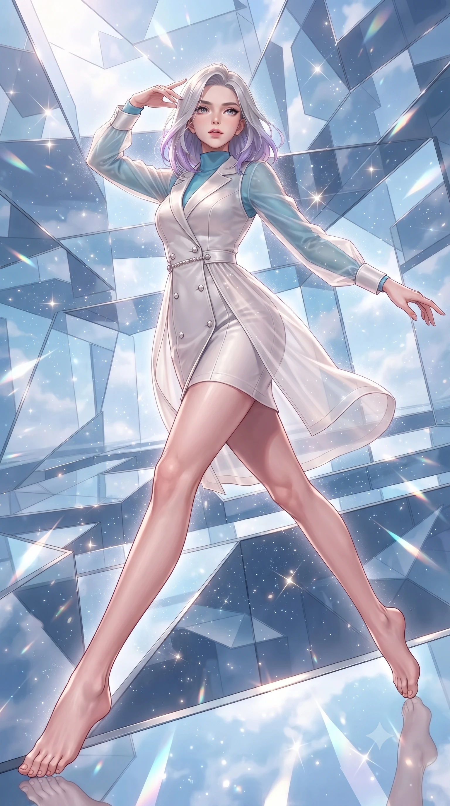 score_9, masterpiece, best quality, ultra-detailed, high-budget anime keyframe, editorial fashion photography, tasteful artistic composition, Caucasian woman. low angle full-body shot from head to toe showing her feet, filling the entire 9:16 vertical frame with her statuesque presence, stretching her vertical silhouette. leaping dynamically through the luminous sky, her posture full of power and elegance, navigating a mirror maze scattering sharp specular highlights in every direction, fine diamond dust particles glittering like suspended stars. She has an absolutely perfect, statuesque 8.5-heads proportion, an exceptionally tall and slender model-like female figure with impossibly long slender legs and an ultra-slim waist. sharp v-shaped jawline, high-bridge nose, intricate jewel-like eyes with depth, thick eyelashes, glossy lips with a natural sheen. wearing structured pearl-white trench dress over sleek turtleneck in sky blue turquoise, made of sheer opal chiffon overlay, adorned with minimalist pearl hardware framing the waistline, following her slender form with tailored precision. surrounded by a sparkling diamond dust rim light aura. highly saturated vibrant anime colors, detailed shading with soft gradients, rich glossy textures, high-contrast stereoscopic depth, volumetric dynamic lighting, master piece, 9:16 ratio