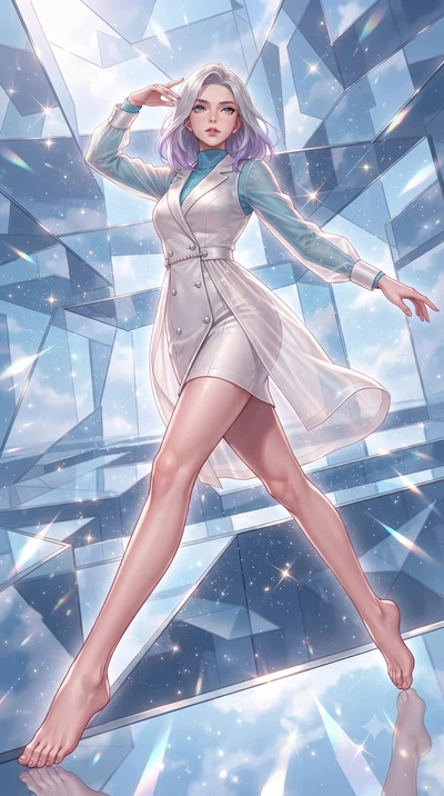 score_9, masterpiece, best quality, ultra-detailed, high-budget anime keyframe, editorial fashion photography, tasteful artistic composition, Caucasian woman. low angle full-body shot from head to toe showing her feet, filling the entire 9:16 vertica