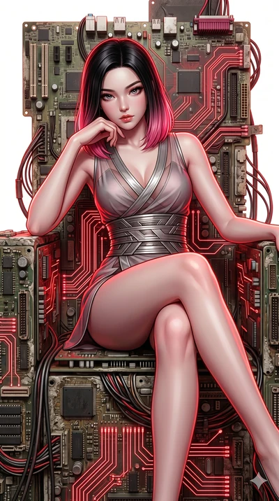 score_9, masterpiece, best quality, ultra-detailed, high-budget anime keyframe, semi-realistic 3D game render, Korean woman. Upper body close-up from the thighs up, character filling the screen for maximum presence. She is seated dynamically on a thr