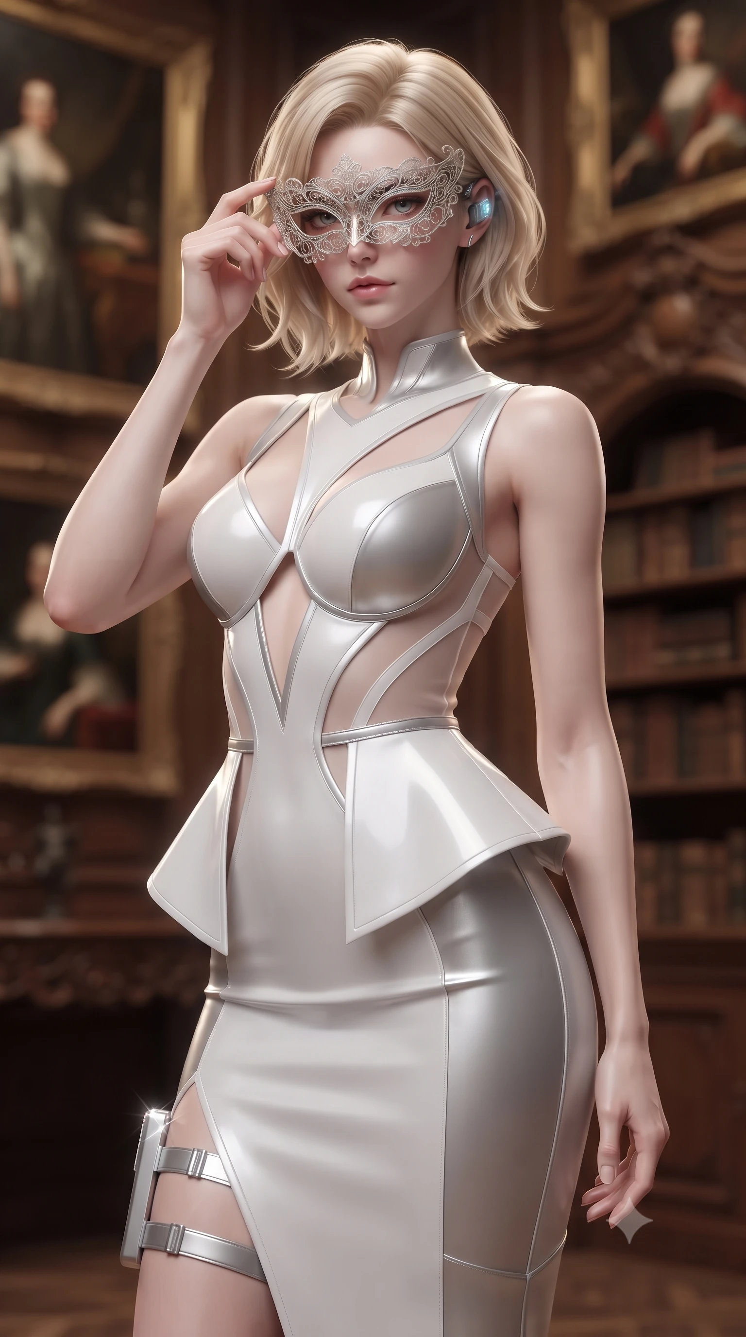 score_9, masterpiece, best quality, ultra-detailed, high-budget anime keyframe, editorial fashion photography, tasteful artistic composition, Caucasian woman. close-up cowboy shot from the waist and thighs up, the character dominates the composition, filling the frame with her large presence. extending one slender arm gracefully toward the foreground while casting an affectionate, mesmerizing glance while attending a lavish masquerade ball in an opulent baroque mansion, holding an intricate filigree lace mask to her captivating eyes. The composition keeps background elements in soft focus with creamy bokeh. antique oil paintings and carved baroque wooden library shelves softened in romantic shallow focus. She has an exceptionally elegant, slender, and willowy female figure with an ultra-slim waist, a gracefully sculpted slender torso, toned flat midriff, and a refined slim silhouette. sharp v-shaped jawline, high-bridge nose, intricate jewel-like eyes with depth, thick eyelashes, glossy lips with a natural sheen, captivating and magnetic expression, flawlessly proportioned anatomical accuracy, strict slender model proportions, natural body alignment, perfectly sculpted long slender limbs, ultra-slim waistline, clean dynamic posture without body distortion. wearing a structural geometric peplum gown with sheer side-ribbon cutouts and form-fitting skirt in pristine arctic white and metallic silver, crafted from flexible ballistic matte leather and ultra-sleek stretch neoprene, equipped with a minimalist titanium leg holster and smart holographic earpiece, the sleek tailored cut tightly hugging her graceful clavicle, narrow waist, and feminine curves with statuesque precision. illuminated by crisp specular highlights tracing her bare clavicle, ultra-slim waist, and flowing gown. ultra-reflective glossy finish, specular highlights, rich textural contrasts, high-contrast stereoscopic depth, volumetric dynamic lighting, 2k, ultra detail, master piece, 9:16 ratio