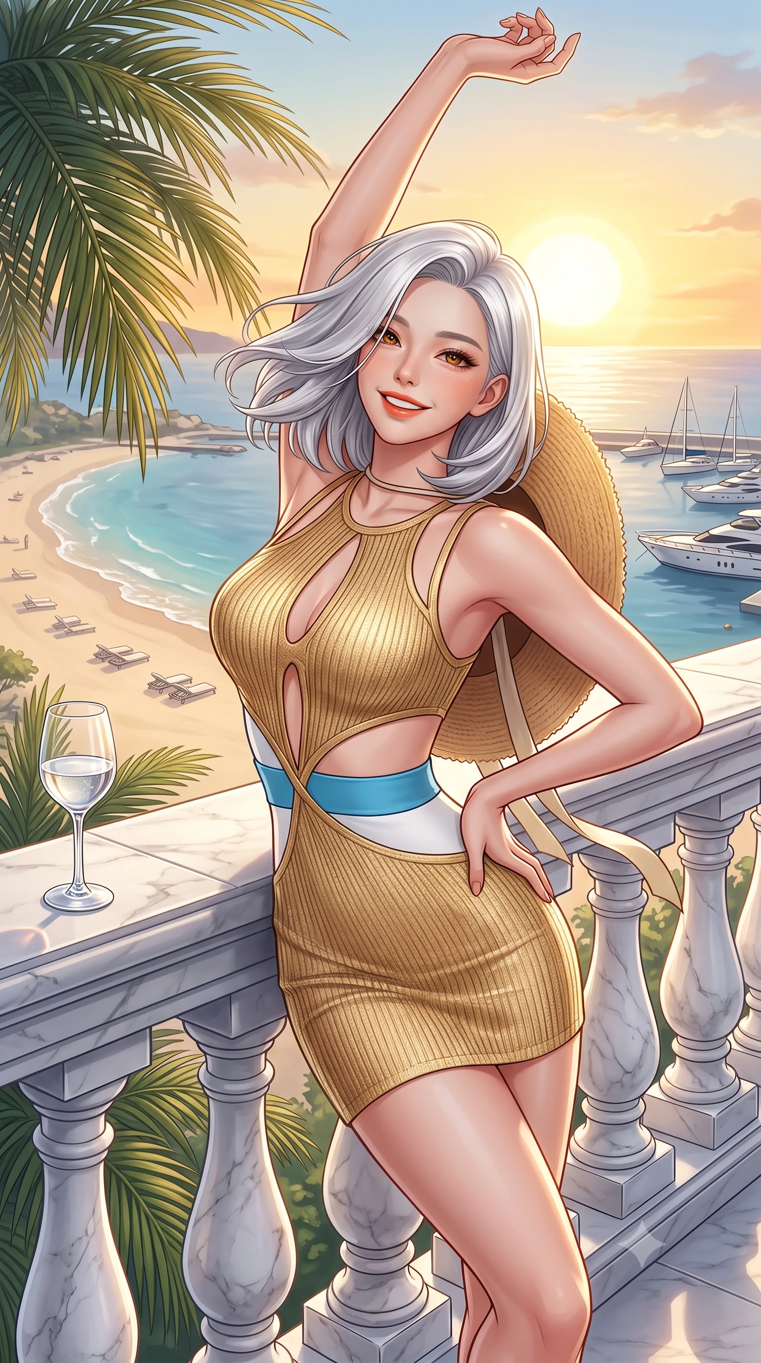 score_9, masterpiece, best quality, ultra-detailed, high-budget anime keyframe, semi-realistic 3D game render, editorial fashion photography, tasteful artistic composition, Korean woman. close-up cowboy shot from the waist and thighs up, the character dominates the composition, filling the frame with her large presence. playfully stretching one arm overhead toward the setting sun, her radiant smile capturing fresh girlhood charm while her arched torso reveals an intoxicating hip contour while leaning against the classical stone balustrade with hips cocked back, casting an alluring bedroom-gaze over the sandy beach and anchored yachts. The surrounding environment is rendered in vivid detail and crisp panoramic clarity. sharp carved marble terrace balusters, palm frond ribs, and crystal glass clarity in deep focus. She has an exceptionally elegant, slender, and willowy female figure with an ultra-slim waist, flat toned midriff, narrow ribcage, and sculpted feminine hips creating an alluring, slim hourglass silhouette without bulk. sharp v-shaped jawline, high-bridge nose, sparkling amber-hazel eyes with depth, long lush eyelashes, glossy sun-kissed lips with a warm coral glaze, radiant teasing smile with sensual sunlit bedroom-eyes, exuding effortless old-money elegance and intoxicating sun-drenched allure, flawlessly proportioned anatomical accuracy, strict slender model proportions, natural body alignment, perfectly sculpted long slender limbs, ultra-slim waistline, clean dynamic posture without body distortion. wearing a cut-out golden metallic knit mini dress with open-waist architecture emphasizing her hourglass curves in Capri sea-spray blue and crisp linen white, formed from supple second-skin stretch ribbed knit clinging to her form, complemented by a wide-brim straw sunhat held casually behind her back, the form-contouring cut accentuating her sculpted flat midriff, narrow delicate ribcage, and gracefully curvy hips with sun-drenched supermodel elegance. illuminated by grand marble terrace bounce and sharp platinum rim lights sculpting her razor-sharp jawline, narrow waist, and curvy hips. highly saturated vibrant anime colors, detailed shading with soft gradients, rich glossy textures, high-contrast stereoscopic depth, volumetric dynamic lighting, master piece, 9:16 ratio