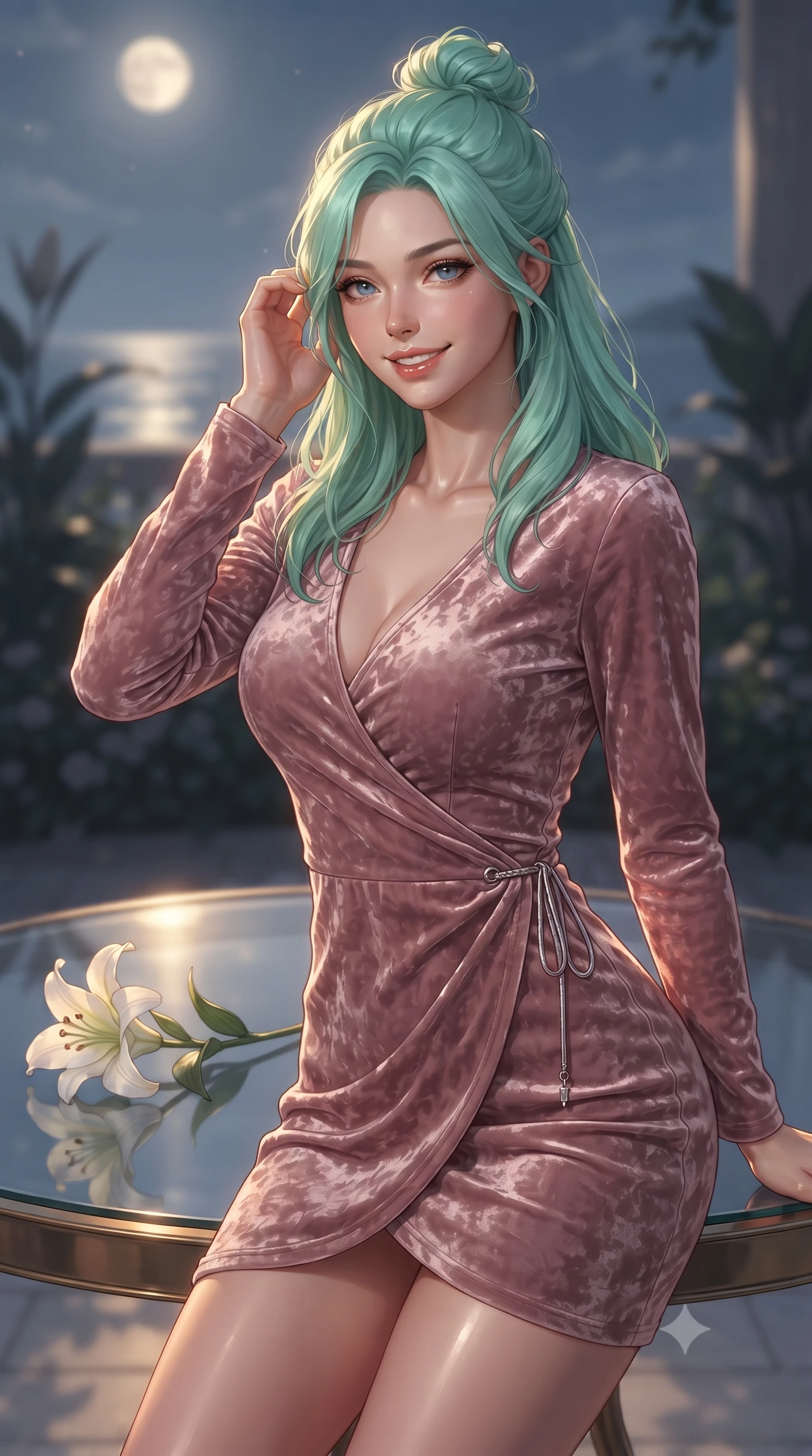 score_9, masterpiece, best quality, ultra-detailed, high-budget anime keyframe, editorial fashion photography, tasteful artistic composition, Japanese woman. close-up cowboy shot from the waist and thighs up, the character dominates the composition, filling the frame with her large presence, background elements kept in soft focus. flashing a warm, intoxicating grin while gently tucking a strand of hair behind her ear set against a soft-focus background of inside an exclusive moonlit garden terrace with a single long-stemmed white lily resting against a polished glass surface. She has an exceptionally elegant, slender, and willowy female figure with an ultra-slim waist, a gracefully sculpted slender torso, and a refined silhouette. sharp v-shaped jawline, high-bridge nose, intricate jewel-like eyes with depth, thick eyelashes, glossy lips with a natural sheen. wearing slim-fit dusty rose crushed velvet sleek long-sleeve silk wrap dress contouring her ultra-slim waist elegantly accented with delicate silver hardware. bathed in warm golden hour sunbeams that cast long, romantic shadows across the floor. ultra-reflective glossy finish, specular highlights, metallic sheen, high-contrast stereoscopic depth, volumetric dynamic lighting, 2k, ultra detail, master piece, 9:16 ratio