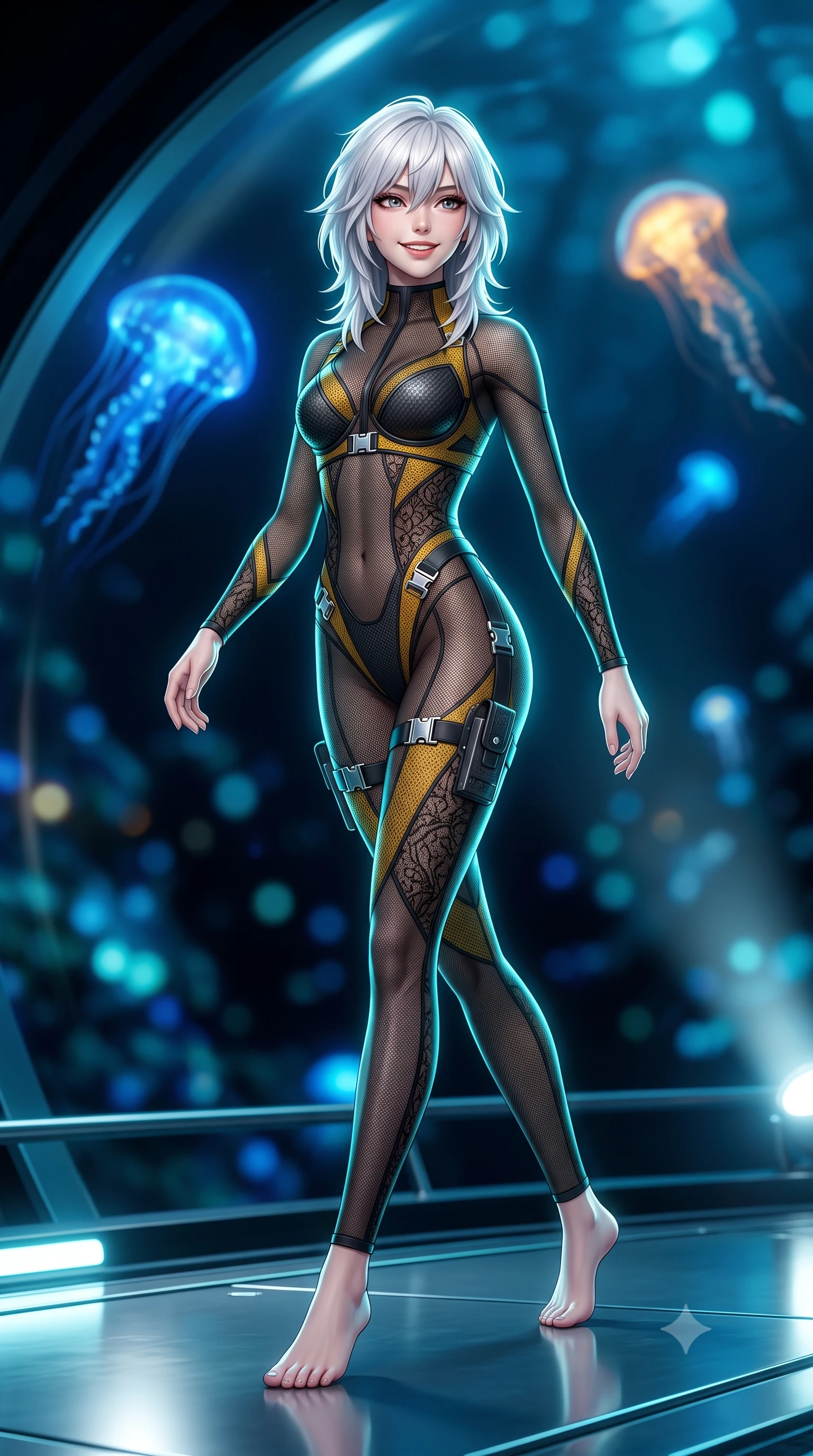score_9, masterpiece, best quality, ultra-detailed, high-budget anime keyframe, semi-realistic 3D game render, editorial fashion photography, tasteful artistic composition, Japanese woman. low angle full-body shot from head to toe showing her feet, filling the entire 9:16 vertical frame with her statuesque presence, stretching her vertical silhouette. striding forward gracefully across the reflective metal deck in mid-motion with a radiant beaming smile, hips swaying in an alluring kinetic rhythm that accentuates her curvy hourglass silhouette and long slender legs while standing inside the colossal pressurized acrylic dome facing the pitch-black abyss, arching her back as giant glowing sea creatures glide by. The background shows a soft-focus pitch-black oceanic trench waters illuminated by pulsating sapphire and amber deep-sea creature lights blurred into cobalt, cyan, and black bokeh. She has an absolutely perfect, statuesque 8.5-heads proportion, an exceptionally tall and slender model-like female figure with impossibly long slender legs, an ultra-slim waist, a flat toned midriff, narrow delicate ribcage, and beautifully sculpted feminine hips creating a graceful, slim hourglass silhouette without any bulky heaviness. sharp v-shaped jawline, high-bridge nose, intricate jewel-like sparkling eyes with depth, thick eyelashes, glossy parted lips with a natural sheen, bright confident smile with an enchanting and coquettish sensual glint, exuding both youthful magnetic charm and sovereign high-tech allure, flawlessly proportioned anatomical accuracy, strict slender model proportions, natural body alignment, perfectly sculpted long slender limbs, ultra-slim waistline, clean dynamic posture without body distortion. wearing a form-contouring semi-opaque dark mesh catsuit with carbon-plated cups and fine lace-pattern panels across her torso in industrial hazard yellow and matte carbon black, crafted from sheer technical cyber-lace reinforced with ultra-thin Kevlar threads, finished with polished chrome buckle hardware and modular magnetic holster clasps, the high-waisted tailoring accentuating her ultra-slim waistline and the enchanting curve of her feminine hips with alluring dark charm. illuminated by external submarine floodlights and sharp cyan rim lights carving her razor-sharp jawline, narrow waist, and curvy hips. highly saturated vibrant anime colors, detailed shading with soft gradients, rich glossy textures, high-contrast stereoscopic depth, volumetric dynamic lighting, master piece, 9:16 ratio
