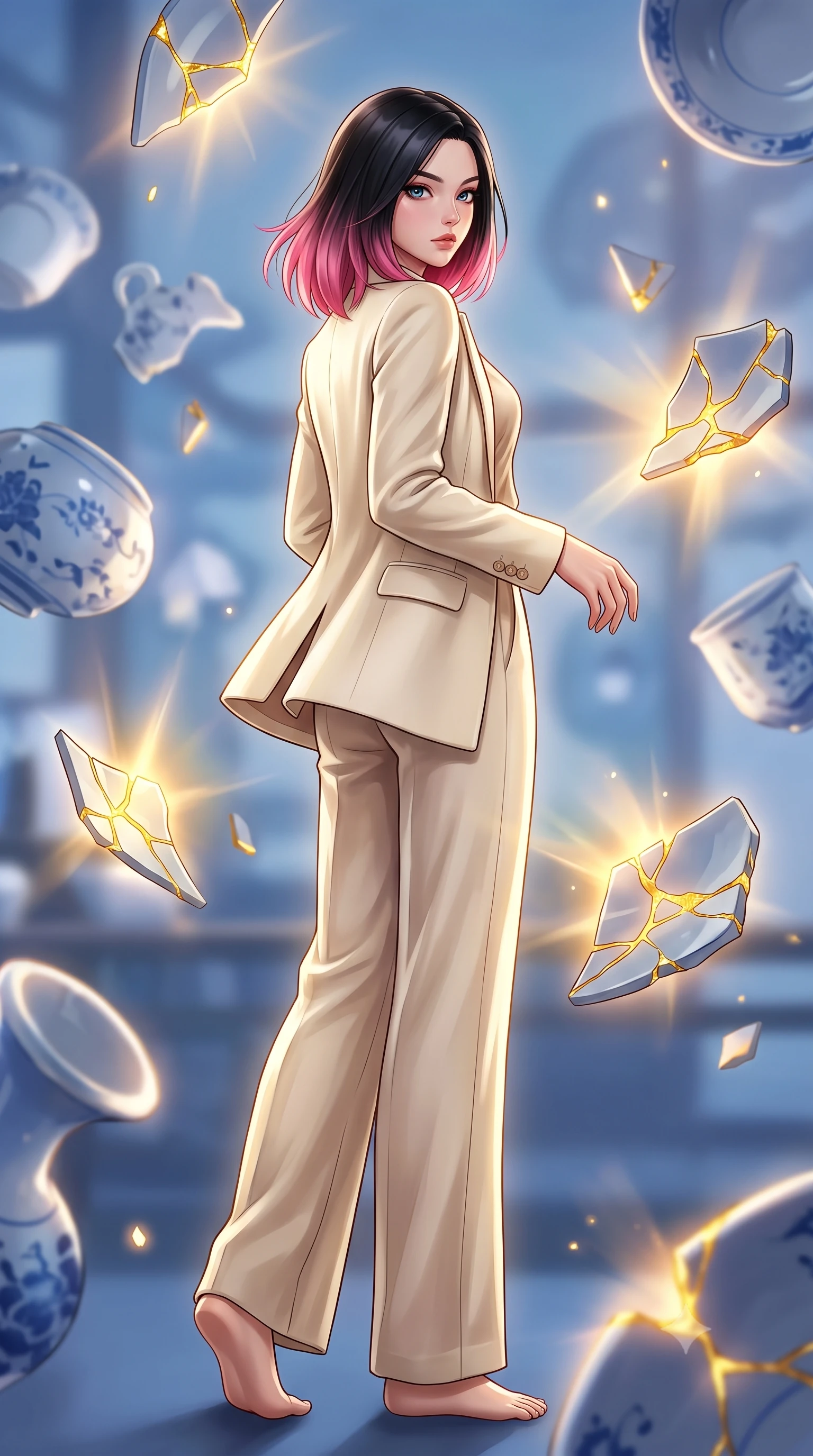 score_9, masterpiece, best quality, ultra-detailed, high-budget anime keyframe, editorial fashion photography, tasteful artistic composition, Korean woman woman. low angle full-body shot from head to toe showing her feet, filling the entire 9:16 vertical frame with her statuesque presence, stretching her vertical silhouette. She has an absolutely perfect, statuesque 8.5-heads proportion, an exceptionally tall and slender model-like female figure with impossibly long slender legs and an ultra-slim waist. turning fluidly while glancing back over her shoulder with magnetic intensity and statuesque grace, flawlessly proportioned anatomical accuracy, natural body alignment, perfectly sculpted elegant limbs, clean dynamic posture without body distortion. set against a soft-focus background of a floating blue porcelain workshop with levitating kintsugi shards. wearing a tailored cream wool blazer over an oatmeal silk camisole and wide-leg trousers. bathed in gold ethereal light radiating from gold cracks in floating ceramics with intense inner glow. highly saturated vibrant anime colors, detailed shading with soft gradients, rich glossy textures, high-contrast stereoscopic depth, volumetric dynamic lighting, master piece, 9:16 ratio
