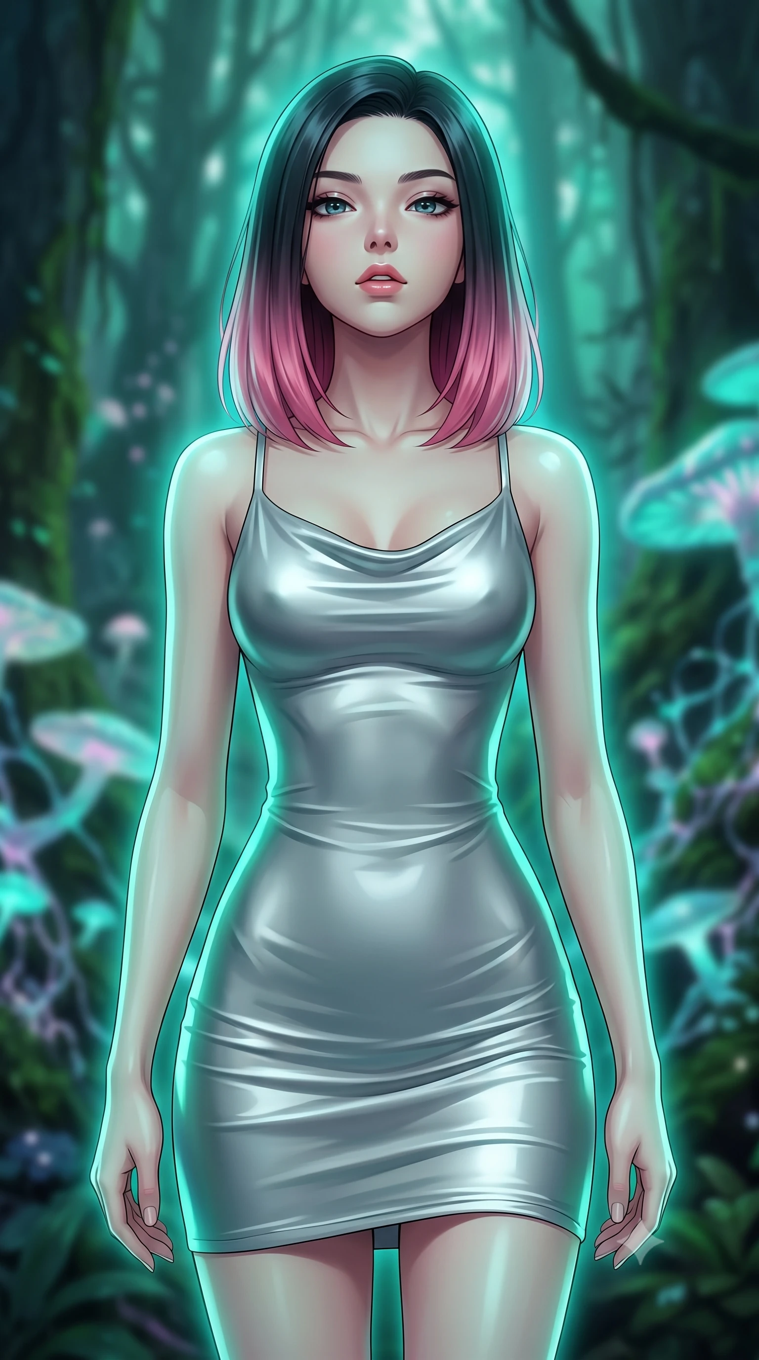 score_9, masterpiece, best quality, ultra-detailed, high-budget anime keyframe, editorial fashion photography, tasteful artistic composition, Korean woman woman. close-up cowboy shot from the waist and thighs up, the character dominates the composition, filling the frame with her large presence, background elements kept in soft focus. She has an exceptionally elegant, slender, and willowy female figure with an ultra-slim waist, a gracefully sculpted slender torso, and a refined silhouette. tilting her chin up slightly with lips parted in a composed and alluring expression, flawlessly proportioned anatomical accuracy, natural body alignment, perfectly sculpted elegant limbs, clean dynamic posture without body distortion. set against a soft-focus background of an ancient rainforest with pulsing opal fungal mycelium networks. wearing a sleek bodycon liquid silver jersey dress hugging every curve with a subtle cowl neckline. bathed in cool emerald and cyan bioluminescent organic glow wrapping her silhouette. highly saturated vibrant anime colors, detailed shading with soft gradients, rich glossy textures, high-contrast stereoscopic depth, volumetric dynamic lighting, master piece, 9:16 ratio