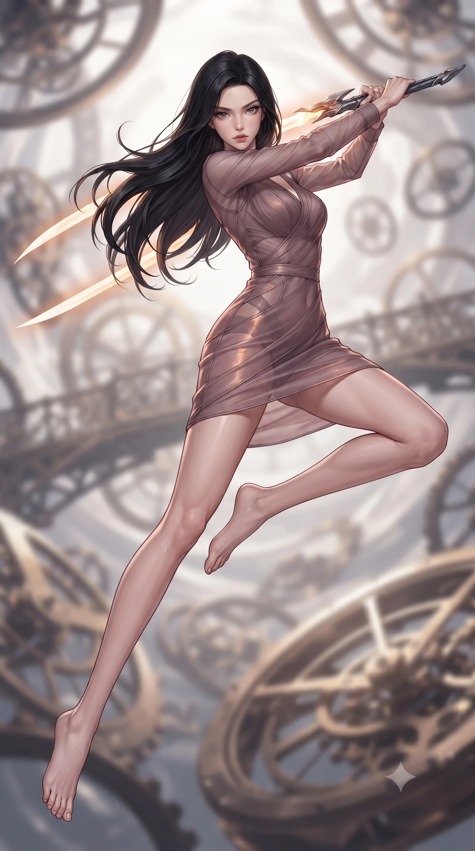 score_9, masterpiece, best quality, ultra-detailed, high-budget anime keyframe, editorial fashion photography, tasteful artistic composition, Korean woman. low angle full-body shot from head to toe showing her feet, filling the entire 9:16 vertical frame with her statuesque presence, stretching her vertical silhouette. leaping forward while slashing with a twin-bladed plasma sword in mid-air, her body-contouring suit showing her athletic silhouette, the background shows a soft-focus an unstable clockwork bridge suspended in a pocket dimension of floating watch gears. She has an absolutely perfect, statuesque 8.5-heads proportion, an exceptionally tall and slender model-like female figure with impossibly long slender legs and an ultra-slim waist. sharp v-shaped jawline, high-bridge nose, intricate jewel-like eyes with depth, thick eyelashes, glossy lips with a natural sheen. wearing a slim-fit sheer organza dress in dusty mauve, showing her slender torso and willowy silhouette. rhythmic pulses of amber chrono-energy waves casting a slow, warm glow. ultra-reflective glossy finish, specular highlights, metallic sheen, high-contrast stereoscopic depth, volumetric dynamic lighting, 2k, ultra detail, master piece, 9:16 ratio