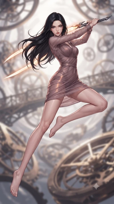 score_9, masterpiece, best quality, ultra-detailed, high-budget anime keyframe, editorial fashion photography, tasteful artistic composition, Korean woman. low angle full-body shot from head to toe showing her feet, filling the entire 9:16 vertical f