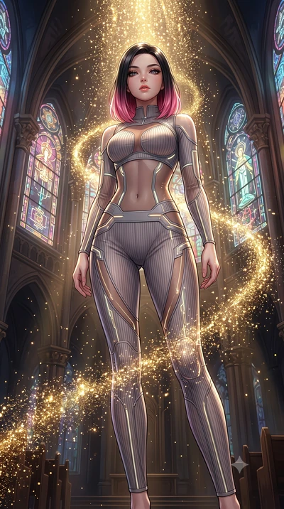 score_9, masterpiece, best quality, ultra-detailed, High-budget Anime Keyframe, East Asian woman. Low angle cowboy shot filling the entire 9:16 frame with her statuesque presence. Scenario 334: showering under a cascade of glittering gold stardust in