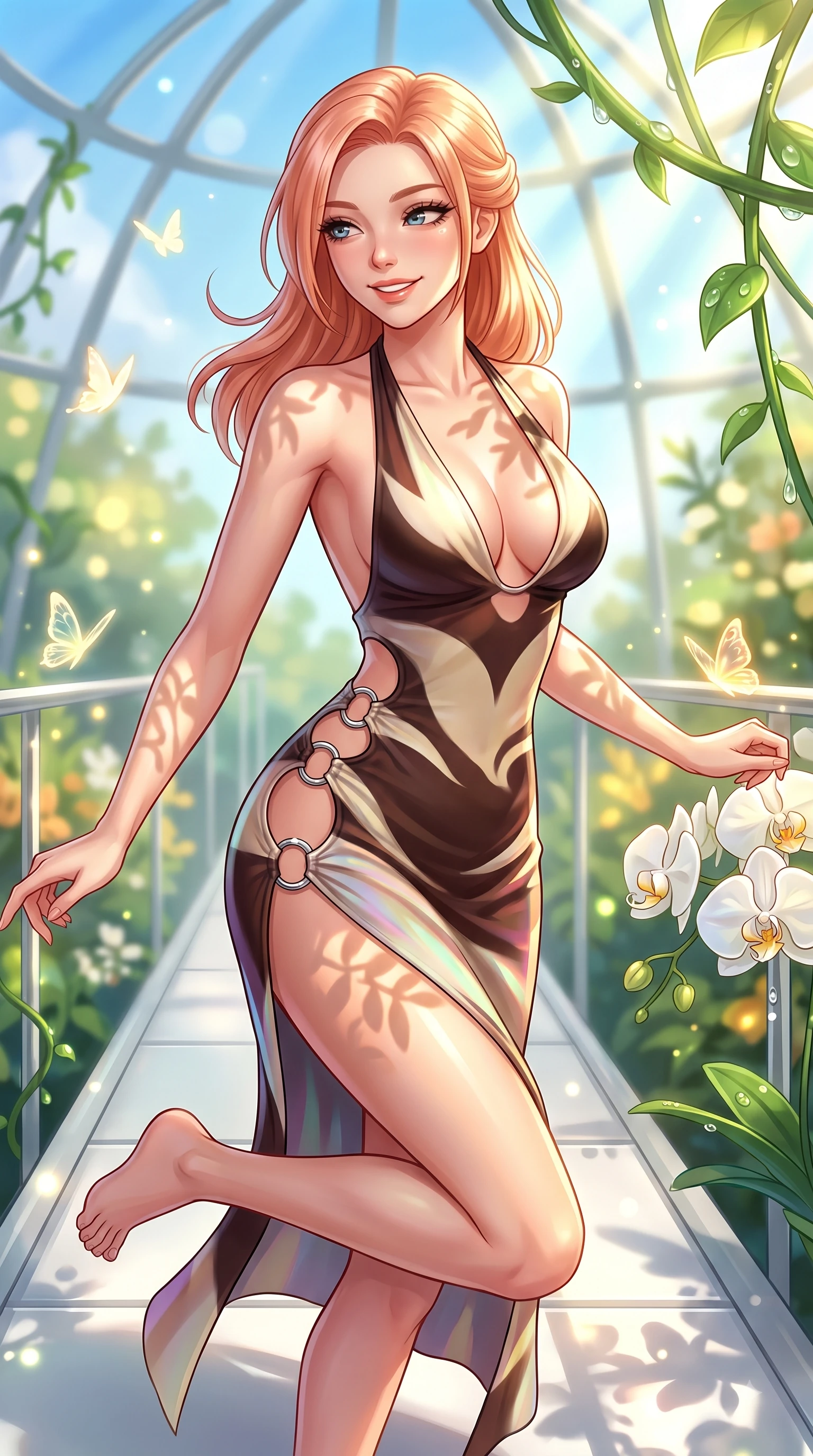 score_9, masterpiece, best quality, ultra-detailed, high-budget anime keyframe, editorial fashion photography, tasteful artistic composition, Japanese woman. close-up cowboy shot from the waist and thighs up, the character dominates the composition, filling the frame with her large presence, background elements kept in soft focus. Warm delightful smile while casting a playful, joyful side-gaze with heavy lashes and a glowing expression while leaping playfully across a platinum walkway in a sunlit glass dome filled with glowing butterflies, dewdrops on lush green vines and white orchids reflecting radiant gold and emerald. She has an exceptionally elegant, slender, and willowy female figure with an ultra-slim waist, a gracefully sculpted slender torso, and a refined silhouette. sharp v-shaped jawline, high-bridge nose, intricate jewel-like eyes with depth, thick eyelashes, glossy lips with a natural sheen, flawlessly proportioned anatomical accuracy, natural body alignment, perfectly sculpted elegant limbs, clean dynamic posture without body distortion. wearing a deep-scoop halter bodycon dress with hip cutouts connected by silver rings in espresso brown and warm cream, crafted from iridescent chiffon that shifts colors in the light, finished with a sleek side slit ascending to mid-thigh, the form-contouring material highlighting her ultra-slim waist and long lines. illuminated by brilliant sunbeams casting cheerful organic leaf stencil shadows. highly saturated vibrant anime colors, detailed shading with soft gradients, rich glossy textures, high-contrast stereoscopic depth, volumetric dynamic lighting, master piece, 9:16 ratio