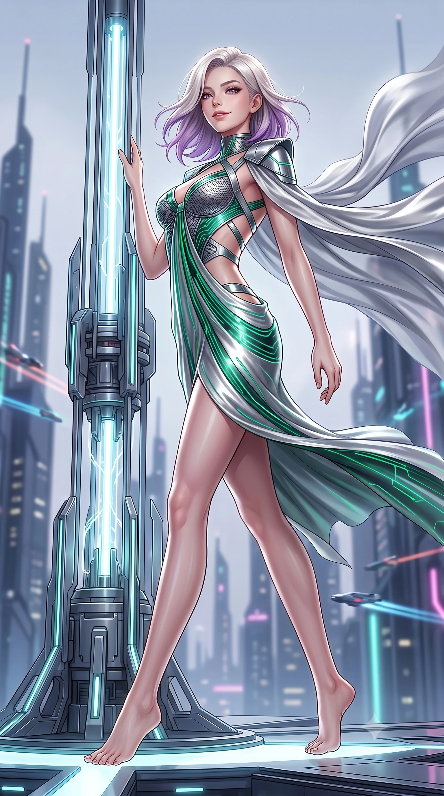 score_9, masterpiece, best quality, ultra-detailed, high-budget anime keyframe, semi-realistic 3D game render, editorial fashion photography, tasteful artistic composition, Caucasian woman. low angle full-body shot from head to toe showing her feet, filling the entire 9:16 vertical frame with her statuesque presence, stretching her vertical silhouette. striding forward with commanding supermodel grace, her 8.5-heads statuesque silhouette dominating the vertical frame from head to toe while leaning against a glowing spire conduit with a fearless, intoxicating smile as high-altitude winds billow her silver cape. The composition keeps background elements in soft focus with creamy bokeh. futuristic skyscraper spires and flying vehicle light trails softened in atmospheric shallow focus. She has an absolutely perfect, statuesque 8.5-heads proportion, an exceptionally tall and slender model-like female figure with impossibly long slender legs, a toned flat midriff, and an ultra-slim waist. sharp v-shaped jawline, high-bridge nose, intricate jewel-like eyes with depth, thick eyelashes, glossy lips with a natural sheen, flawlessly proportioned anatomical accuracy, strict slender model proportions, natural body alignment, perfectly sculpted long slender limbs, ultra-slim waistline, clean dynamic posture without body distortion. wearing a structured titanium-mesh bustier with geometric shoulder pauldrons and an ultra-slender liquid jersey drape in radiant emerald green circuit lines and polished silver sheen, made of smooth flowing silk chiffon that shifts colors with movement, complemented by criss-cross back straps highlighting her completely bare spine, the form-contouring material adhering flawlessly to her sculpted flat midriff and slender torso, emphasizing her long leg lines and perfectly proportioned willowy build. illuminated by crisp white key lighting with sharp specular highlights tracing her ultra-slim waist and long legs. rich saturated anime colors with glowing neon highlights, detailed shading with soft gradients, rich glossy textures, high-contrast stereoscopic depth, volumetric dynamic lighting, master piece, 9:16 ratio