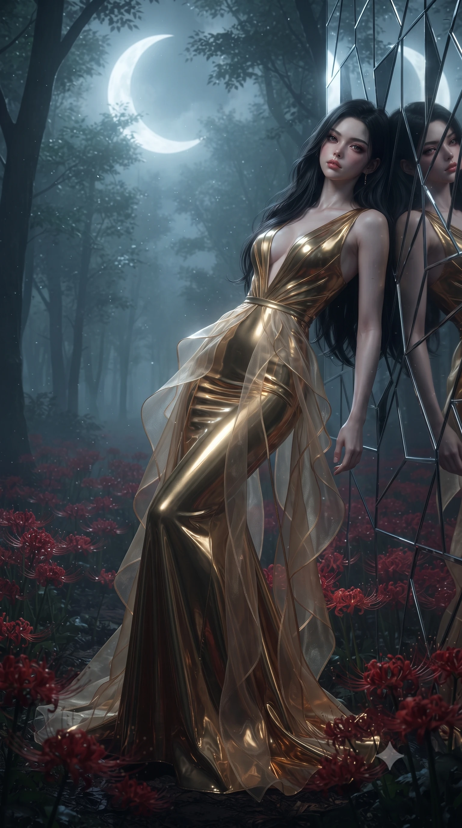 score_9, masterpiece, best quality, ultra-detailed, High-budget Anime Keyframe, editorial fashion photography, tasteful artistic composition, realistic cosplay photography, East Asian woman. Dynamic full-body shot stretching the vertical silhouette to the limit. Scenario 300: leaning back against a wall of virtual mirrors in a misty dark forest under a crescent moon with red spider lilies blooming. Her presence is magnetic and overpowering in this high-budget cinematic scene. Outfit 300: a body-hugging patent leather gold with a plunging V-neckline and translucent layers. The clothing is designed to emphasize her exceptionally tall and slender 8-heads proportion. 8-heads proportion, towering silhouette, ultra-slim waist. sharp v-shaped jawline, intricate jewel-like eyes with depth, thick eyelashes, glossy lips. ultra-reflective glossy finish, specular highlights, metallic sheen, high-contrast stereoscopic depth, volumetric dynamic lighting, 2k, ultra detail, master piece, 9:16 ratio