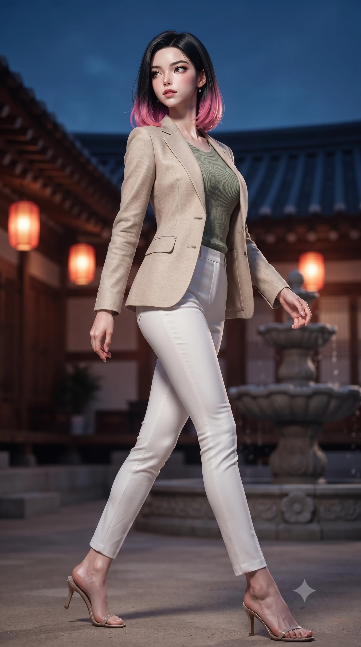 score_9, masterpiece, best quality, ultra-detailed, high-budget anime keyframe, editorial fashion photography, tasteful artistic composition, Korean woman. low angle full-body shot from head to toe showing her feet, filling the entire 9:16 vertical frame with her statuesque presence, stretching her vertical silhouette. stepping gracefully while looking back over her shoulder, her dress draped tightly to reveal her silhouette the background shows a soft-focus a traditional inn courtyard with hanging red lanterns and a stone fountain. She has an absolutely perfect, statuesque 8.5-heads proportion, an exceptionally tall and slender model-like female figure with impossibly long slender legs and an ultra-slim waist. sharp v-shaped jawline, high-bridge nose, intricate jewel-like eyes with depth, thick eyelashes, glossy lips with a natural sheen. wearing a body-hugging tailored beige linen blazer over a sage green knit top and white trousers. warm amber lantern light contrasting with the cool blue midnight sky. ultra-reflective glossy finish, specular highlights, metallic sheen, high-contrast stereoscopic depth, volumetric dynamic lighting, 2k, ultra detail, master piece, 9:16 ratio