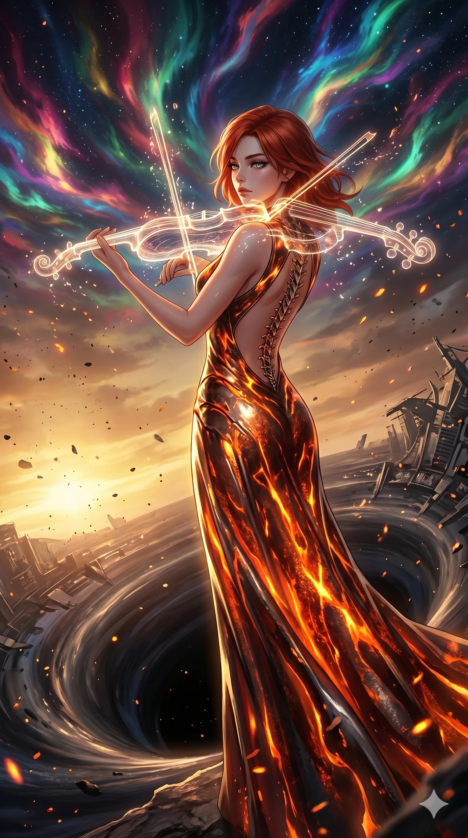 score_9, masterpiece, best quality, ultra-detailed, Set A: High-budget Anime Keyframe, Caucasian (human ears) woman. Upper body close-up from the thighs up, character filling the screen for maximum presence. Theme: Urban Decay. playing a holographic violin in the edge of a black hole, with a look of serene power as the sky splits into 178 colors. The atmosphere is filled with golden hour with floating embers. She has an absolutely perfect 8-heads proportion, an exceptionally tall and slender female figure with impossibly long slender legs and an ultra-slim waist. Sharp v-shaped jawline, high-bridge nose, intricate jewel-like eyes with depth, glossy lips. Wearing Lava-textured metallic dress that glows with an internal fire, featuring an open back. Cinematic lighting, vivid colors, dramatic shadows, 2k, ultra detail, master piece, 9:16 ratio
