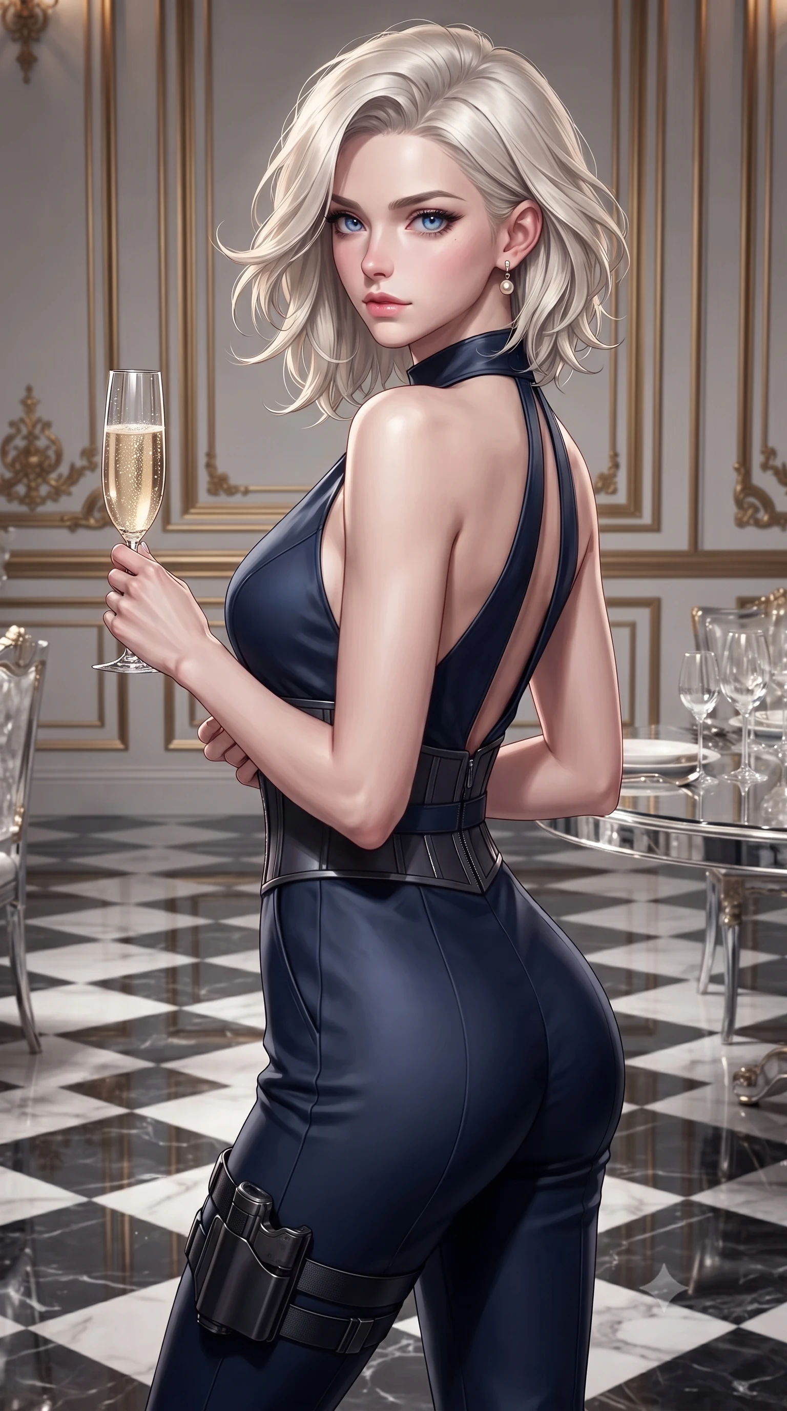 score_9, masterpiece, best quality, ultra-detailed, high-budget anime keyframe, editorial fashion photography, tasteful artistic composition, Caucasian woman. close-up cowboy shot from the waist and thighs up, the character dominates the composition, filling the frame with her large presence. radiating intense magnetic charisma with jewel-like eyes locked onto the viewer, her upper body turning in a dynamic, fluid S-curve while holding a crystal flute of sparkling champagne with delicate poise, her jewel-like eyes locked onto the viewer. The surrounding environment is rendered in vivid detail and crisp panoramic clarity. sharp checkerboard marble floor reflections, ornate gold wall molding, and crystal table settings in deep focus. She has an exceptionally elegant, slender, and willowy female figure with an ultra-slim waist, a gracefully sculpted slender torso, toned flat midriff, and a refined slim silhouette. sharp v-shaped jawline, high-bridge nose, intricate jewel-like eyes with depth, thick eyelashes, glossy lips with a natural sheen, captivating and magnetic expression, flawlessly proportioned anatomical accuracy, strict slender model proportions, natural body alignment, perfectly sculpted long slender limbs, ultra-slim waistline, clean dynamic posture without body distortion. wearing a high-society undercover halter-neck jumpsuit with a tailored deep-V back and integrated tactical waist cincher in deep midnight blue and brushed gunmetal, tailored from fluid silk crepe with inner ballistic reinforcement, accessorized with a sleek concealed garter holster and pearl ear transmitter edition #14, the glove-like aerodynamic second-skin fit tightly clinging to her ultra-slender waist and athletic curves without adding bulk, accentuating her razor-sharp statuesque lines and slim hourglass silhouette. illuminated by crisp specular highlights tracing her sculpted flat midriff, collarbones, and long legs. ultra-reflective glossy finish, specular highlights, rich textural contrasts, high-contrast stereoscopic depth, volumetric dynamic lighting, 2k, ultra detail, master piece, 9:16 ratio